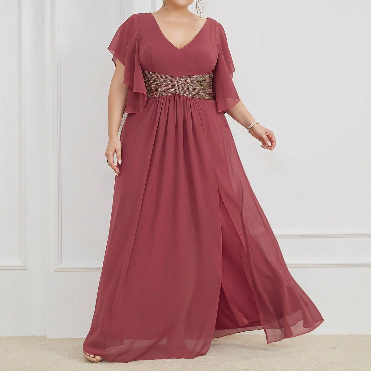 LUNE Plus Contrast Sequin Butterfly Sleeve Split Thigh Chiffon Bridesmaid Dress