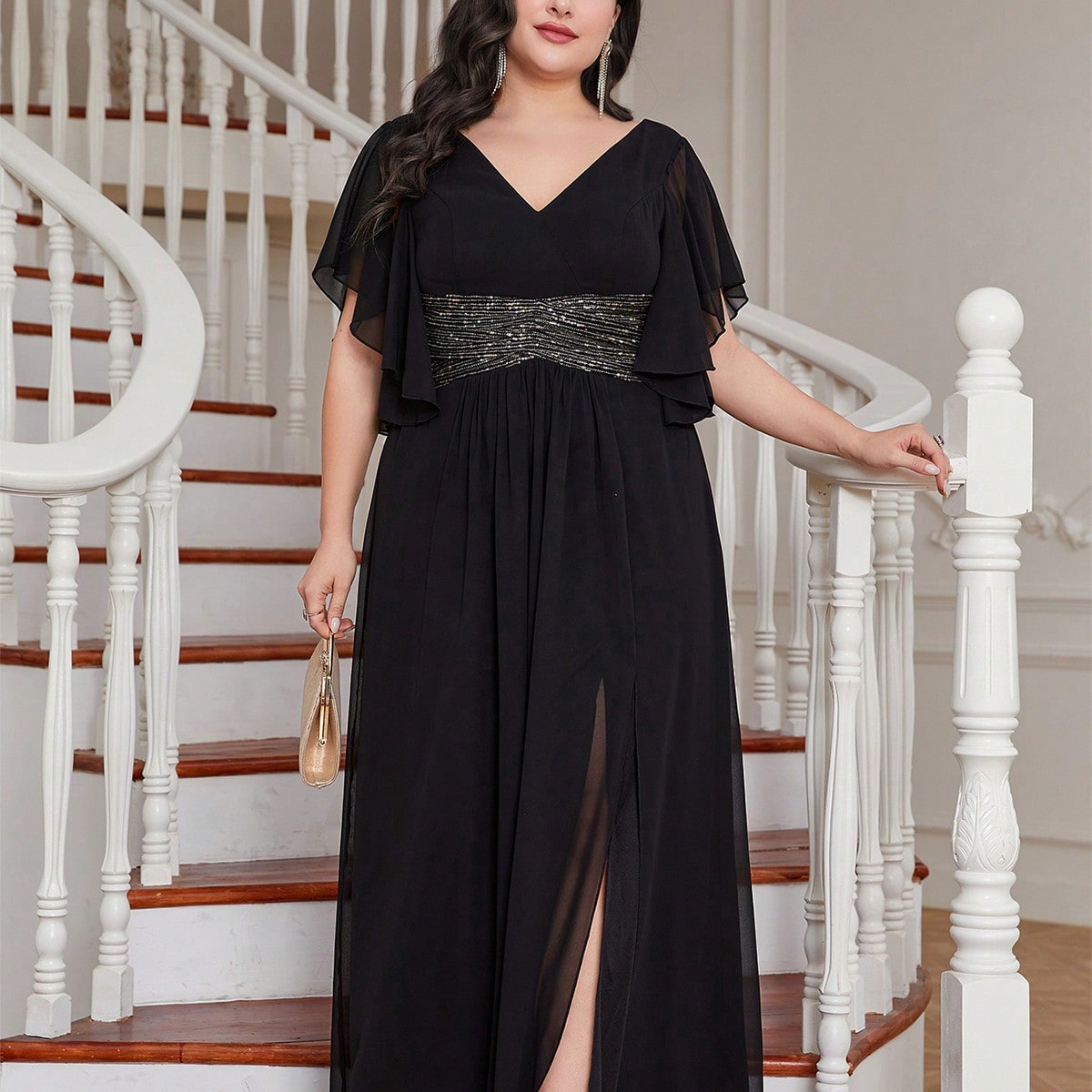 LUNE Plus Contrast Sequin Butterfly Sleeve Split Thigh Chiffon Bridesmaid Dress