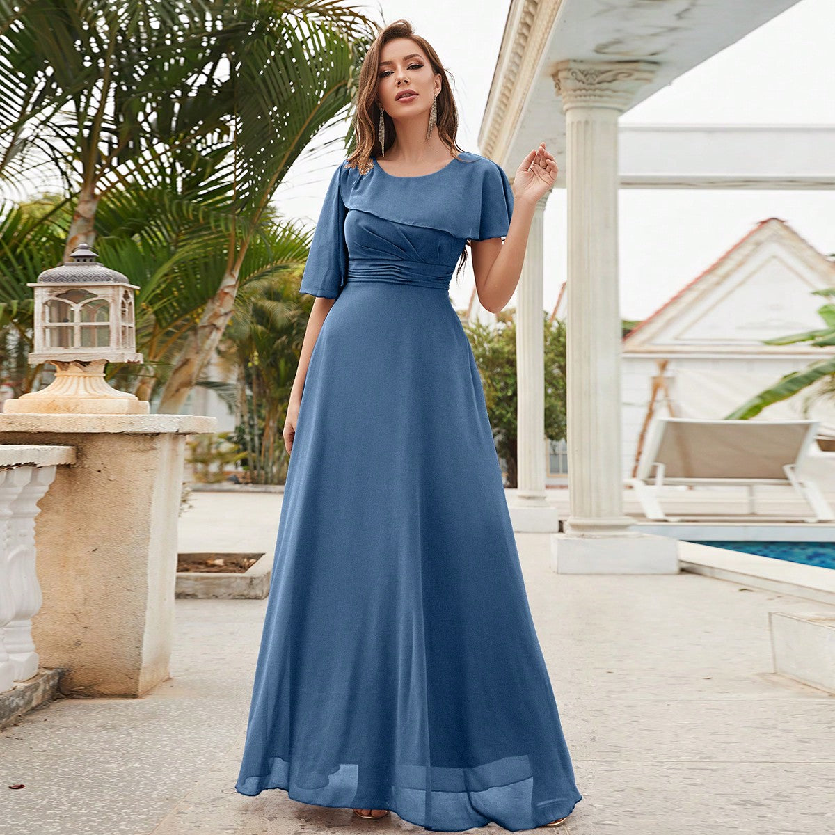 Ruched Ruffle Trim Chiffon Bridesmaid Dress