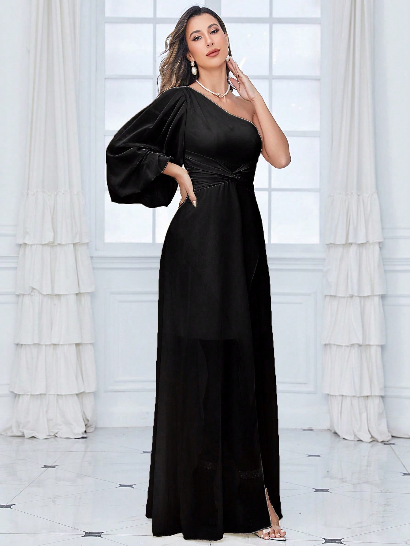 One Shoulder Lantern Sleeve Twist Front Split Thigh Chiffon Bridesmaid Dress