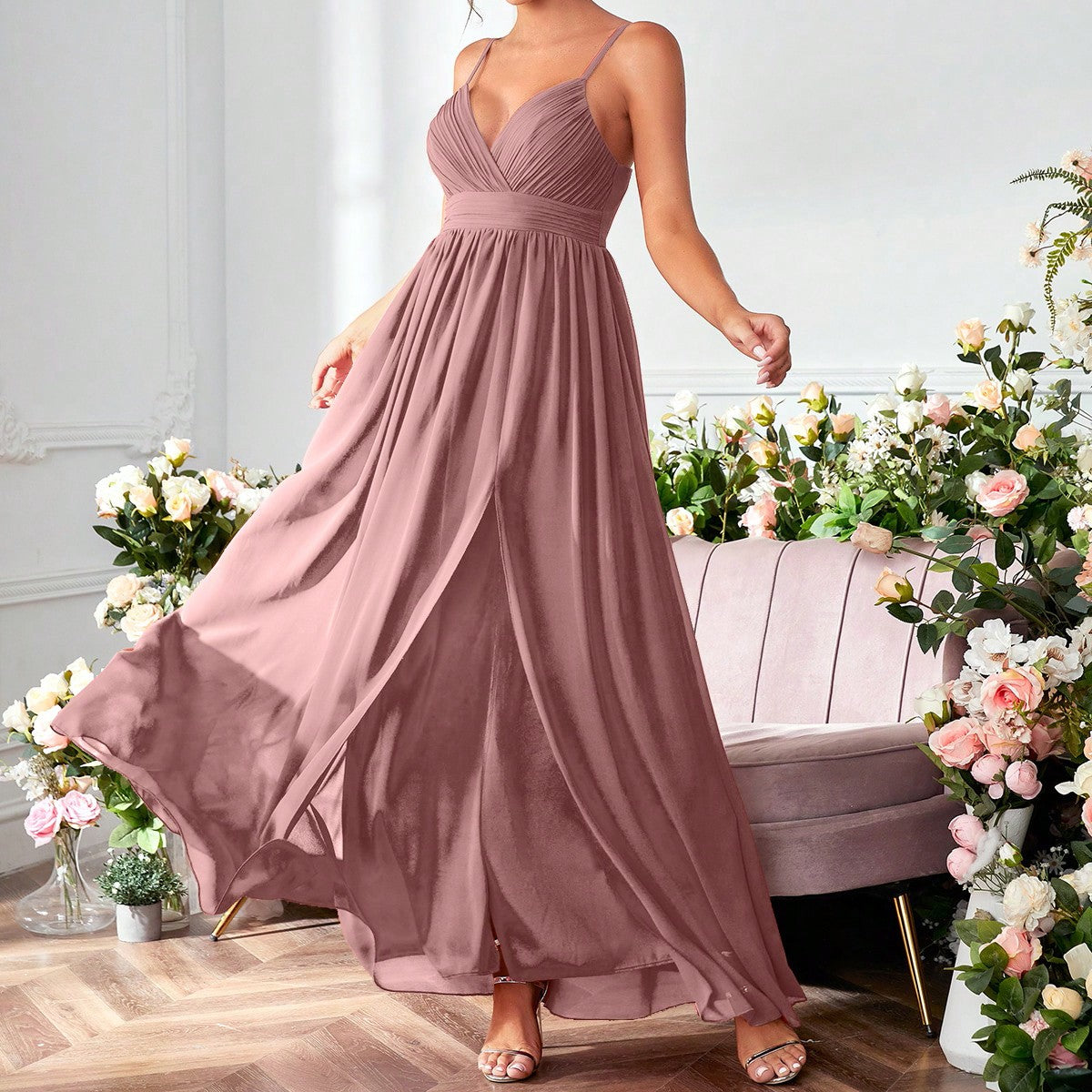 Ruched Split Thigh Chiffon Bridesmaid Dress