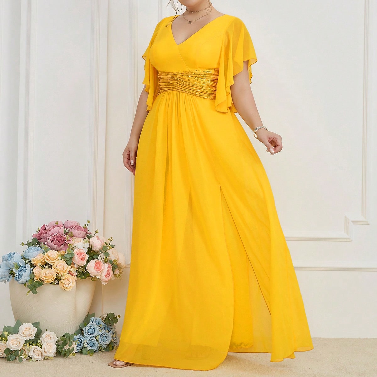 LUNE Plus Contrast Sequin Butterfly Sleeve Split Thigh Chiffon Bridesmaid Dress