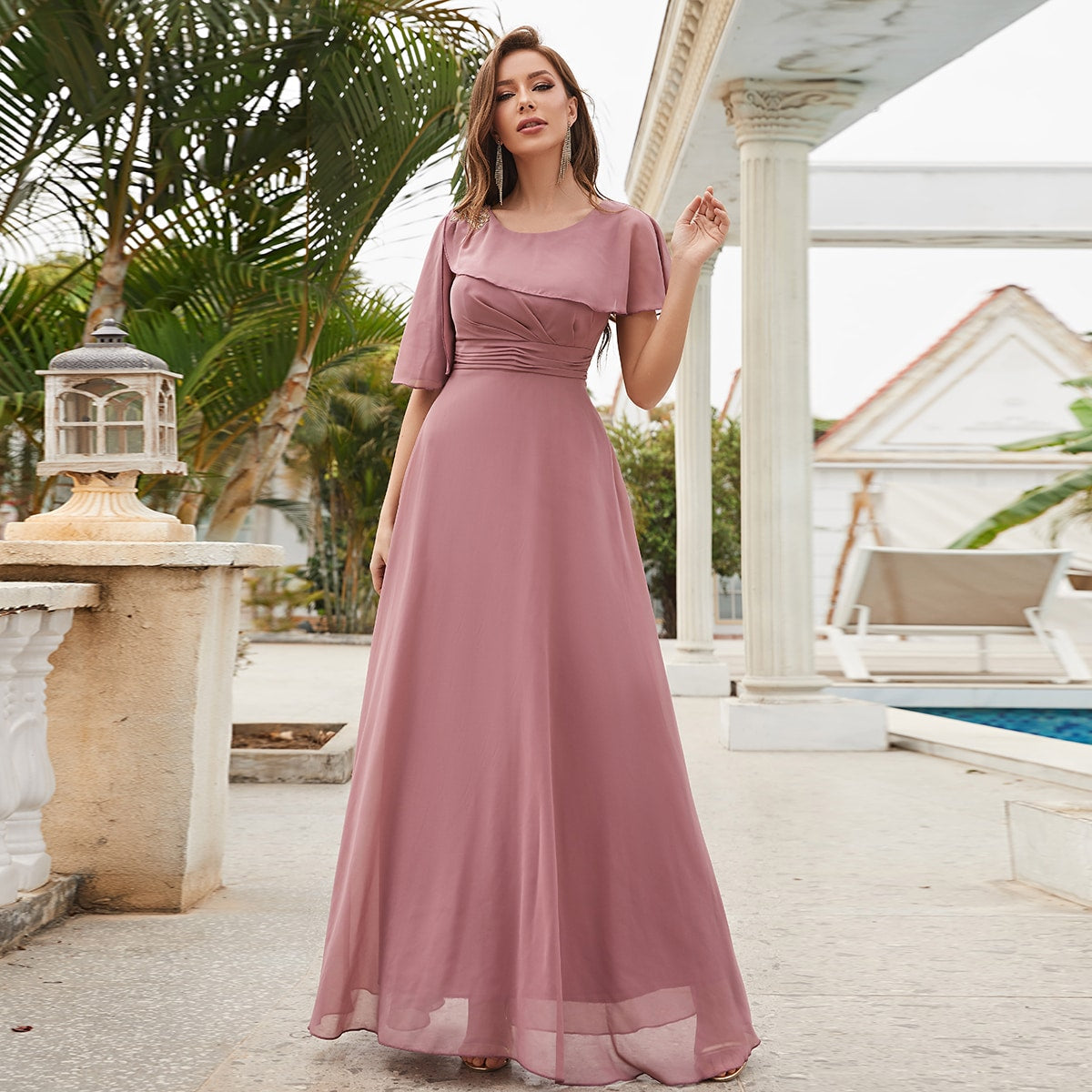 Ruched Ruffle Trim Chiffon Bridesmaid Dress