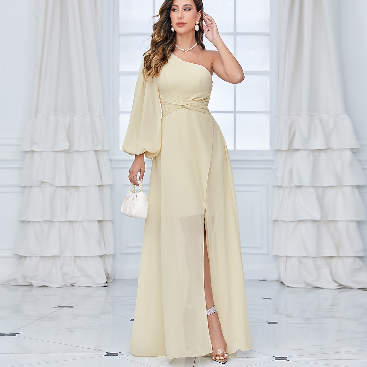 One Shoulder Lantern Sleeve Twist Front Split Thigh Chiffon Bridesmaid Dress