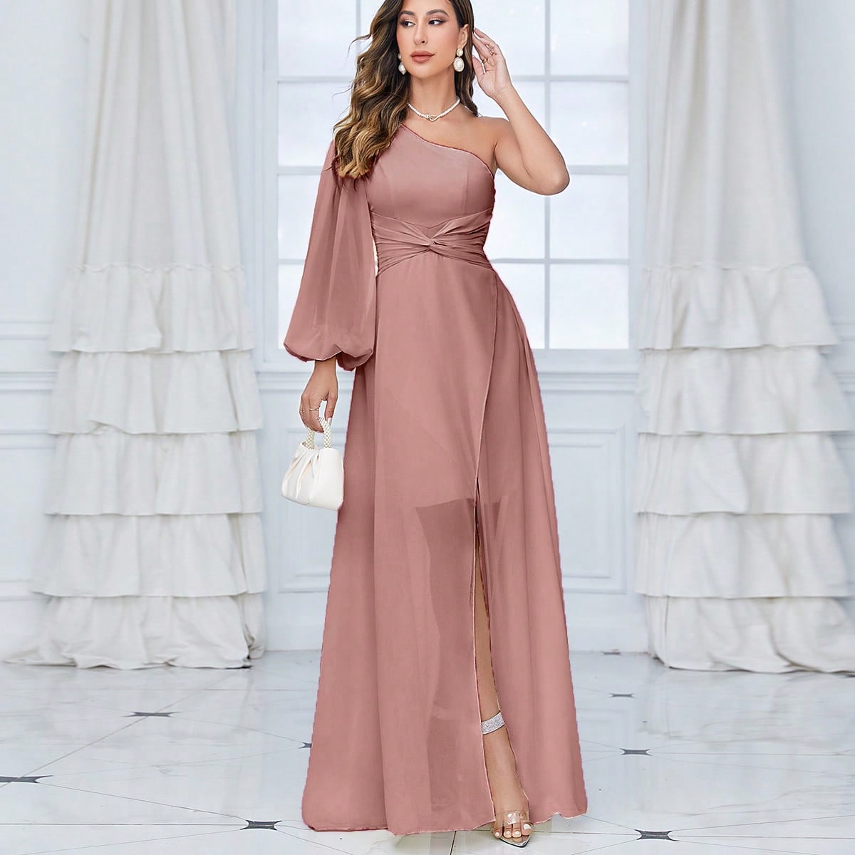 One Shoulder Lantern Sleeve Twist Front Split Thigh Chiffon Bridesmaid Dress