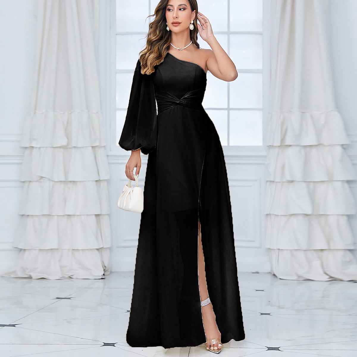 One Shoulder Lantern Sleeve Twist Front Split Thigh Chiffon Bridesmaid Dress