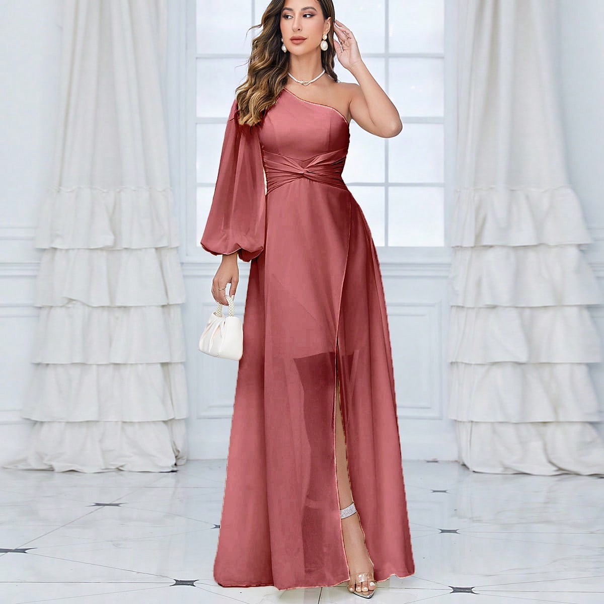 One Shoulder Lantern Sleeve Twist Front Split Thigh Chiffon Bridesmaid Dress