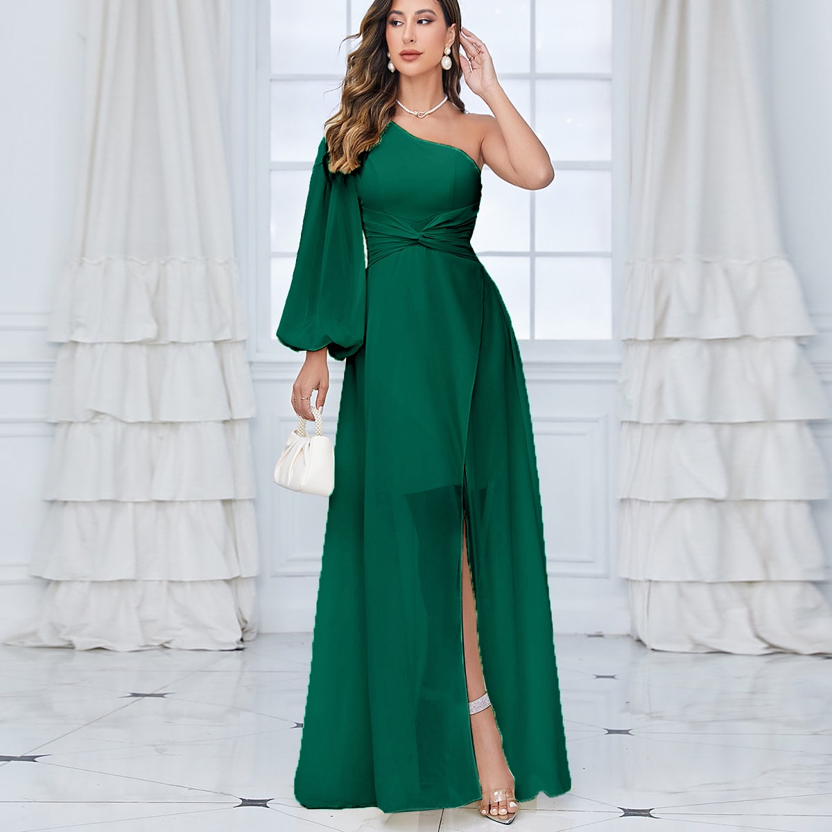 One Shoulder Lantern Sleeve Twist Front Split Thigh Chiffon Bridesmaid Dress