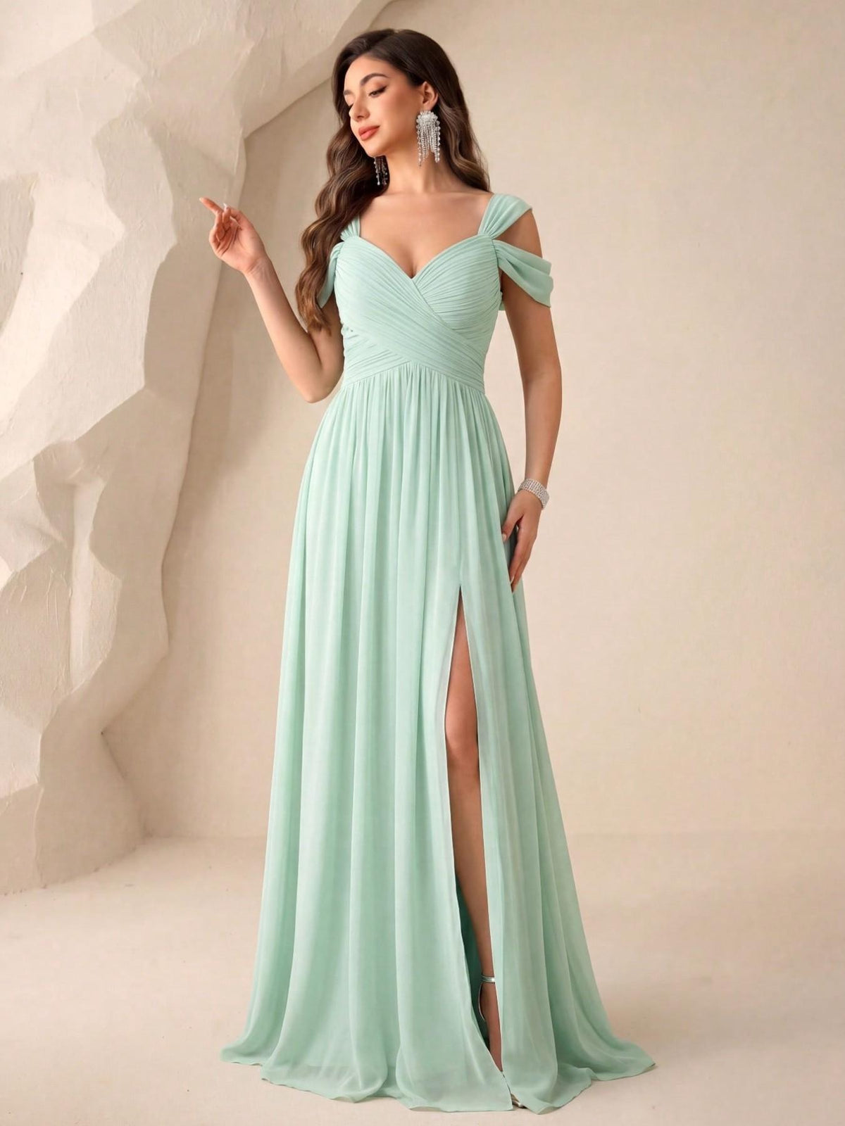 UNITHORSE Women's V‑Neck Open Back Waist‑cinched Draped Elegant Maxi Solid Chiffon High‑Slit Bridesmaid Dress