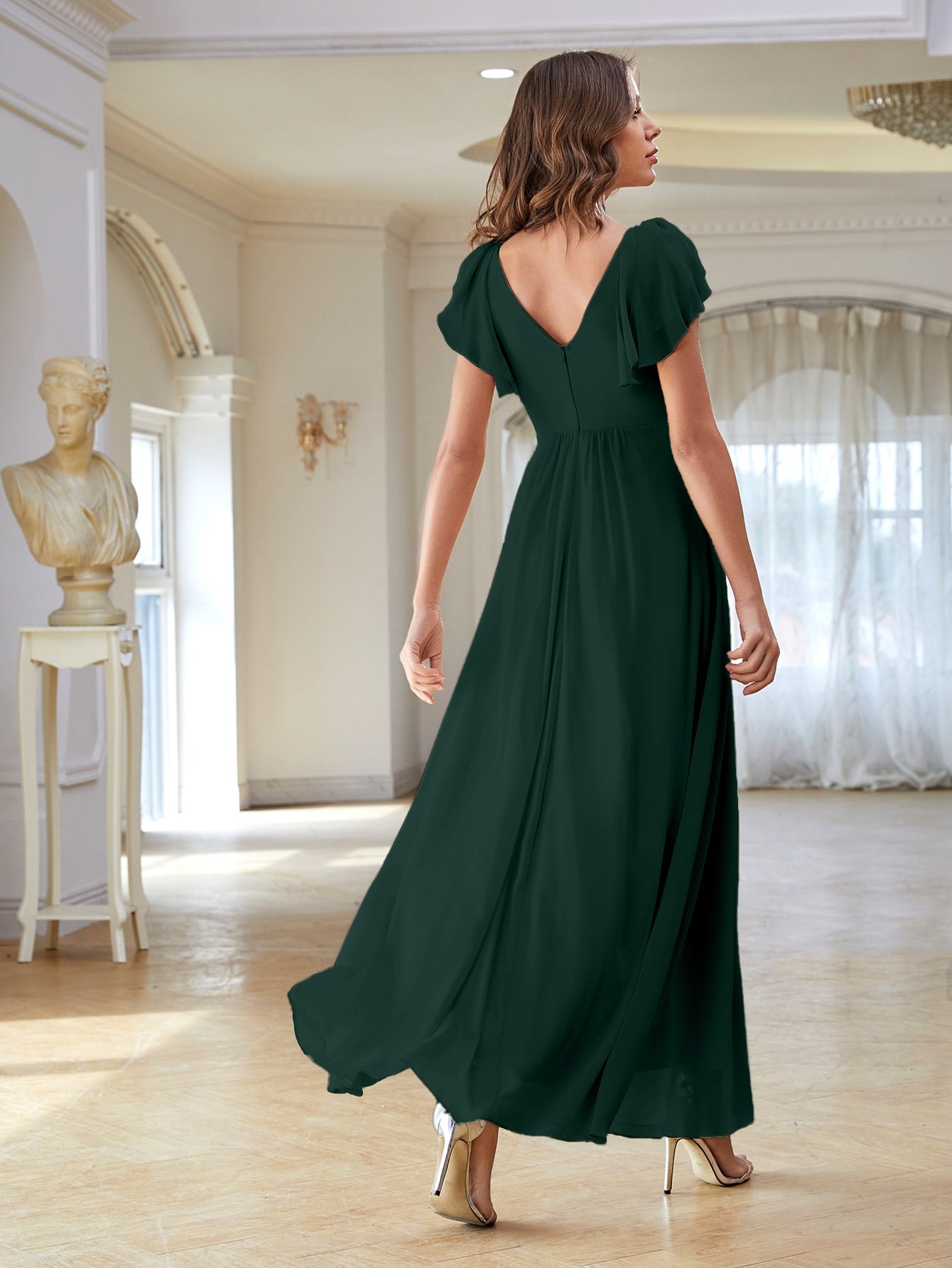 Solid Ruched High Waist Chiffon Dress