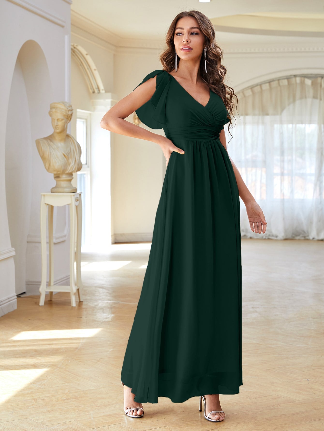 Solid Ruched High Waist Chiffon Dress