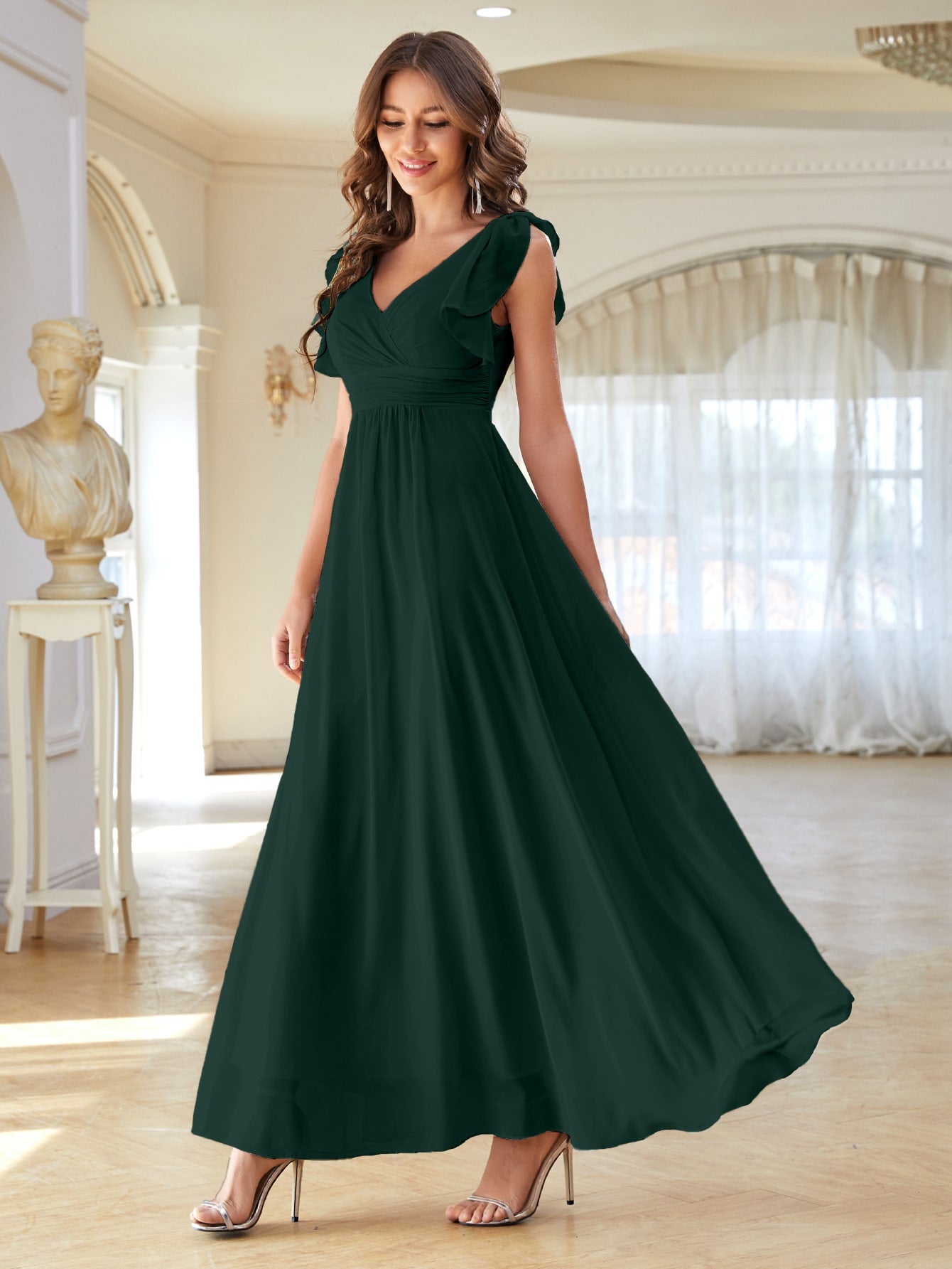 Solid Ruched High Waist Chiffon Dress
