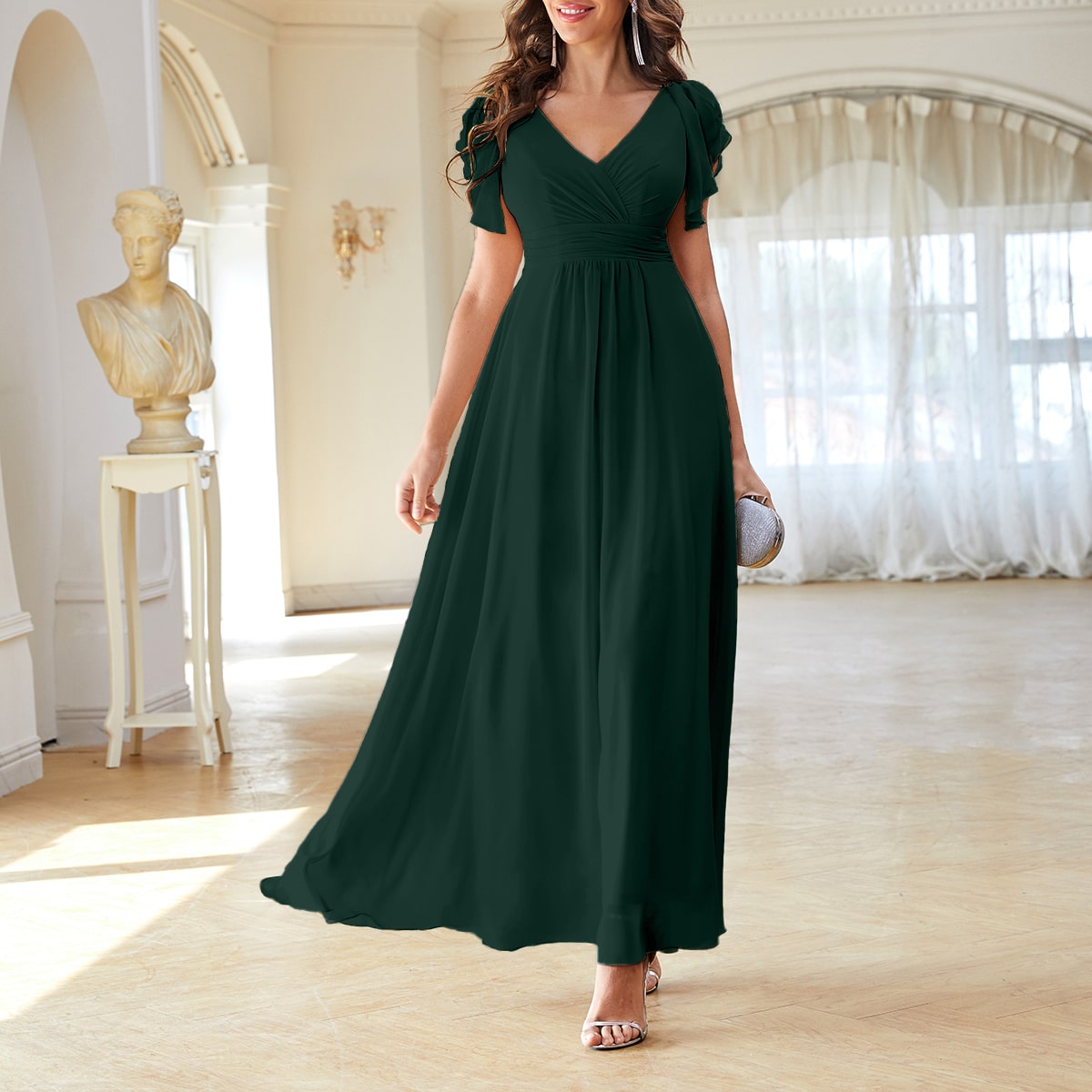 Solid Ruched High Waist Chiffon Dress