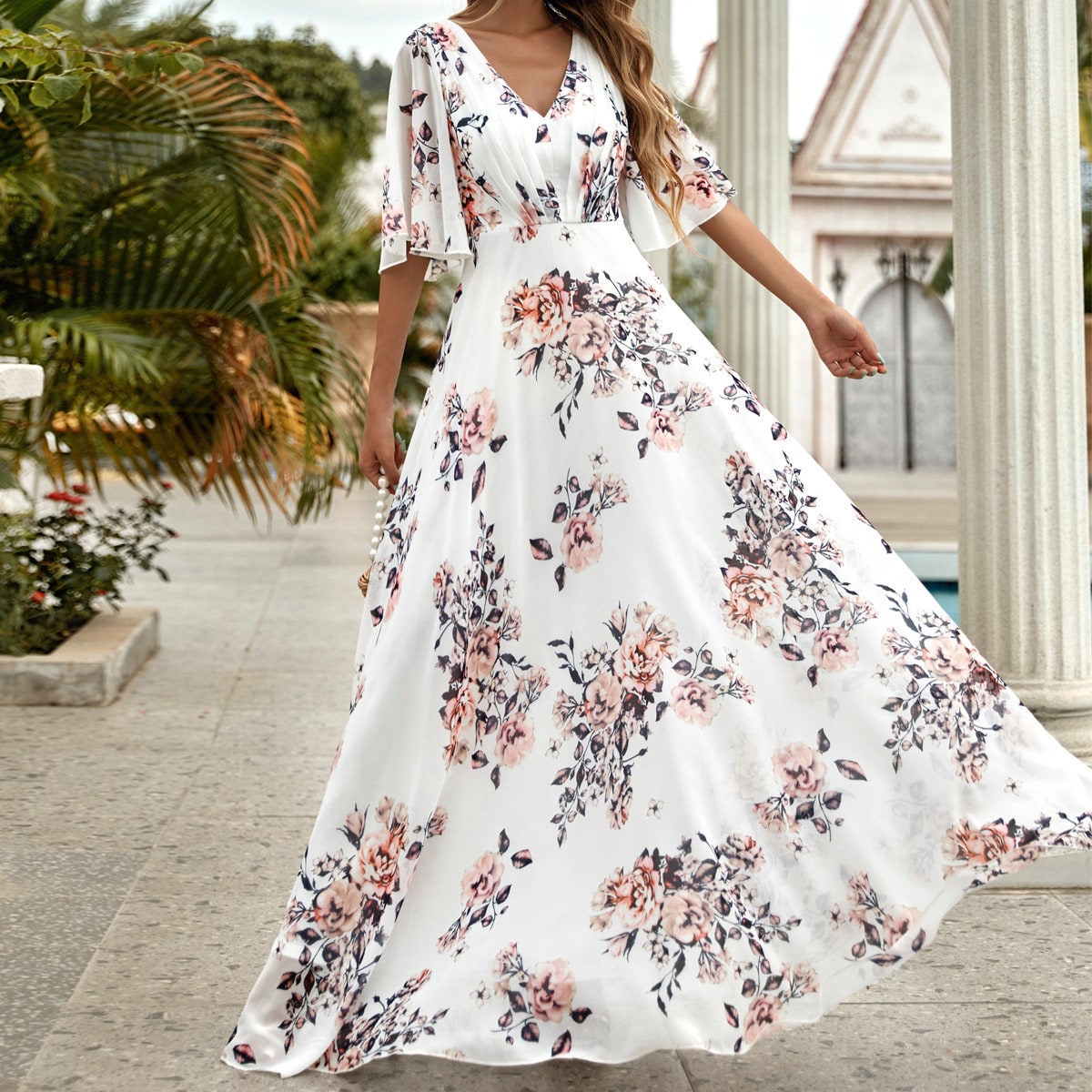 Allover Floral Backless A-line Dress