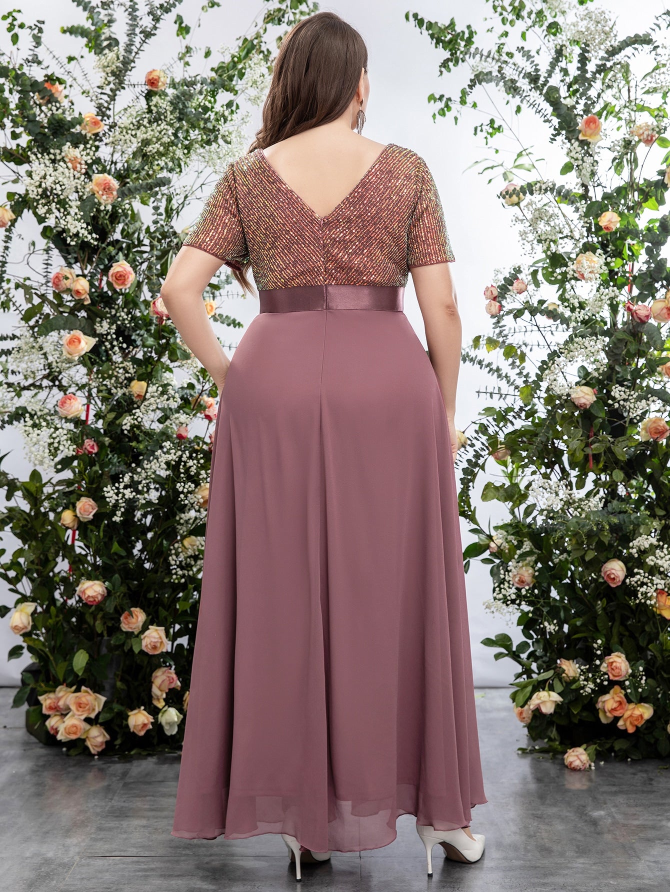 Plus Sequin Insert Plunging Neck Chiffon Prom Dress