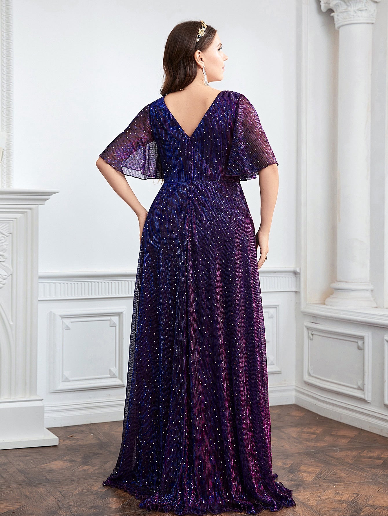 Plus Plunging Neck Butterfly Sleeve Plisse Glitter Bridesmaid Dress