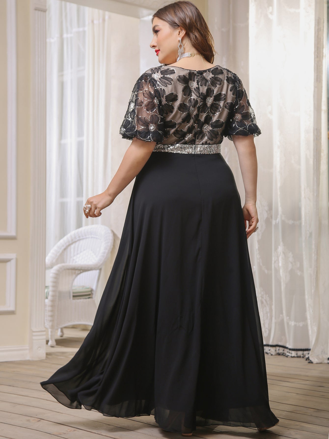 Plus Chiffon Sequin Detail Mesh Panel Prom Dress