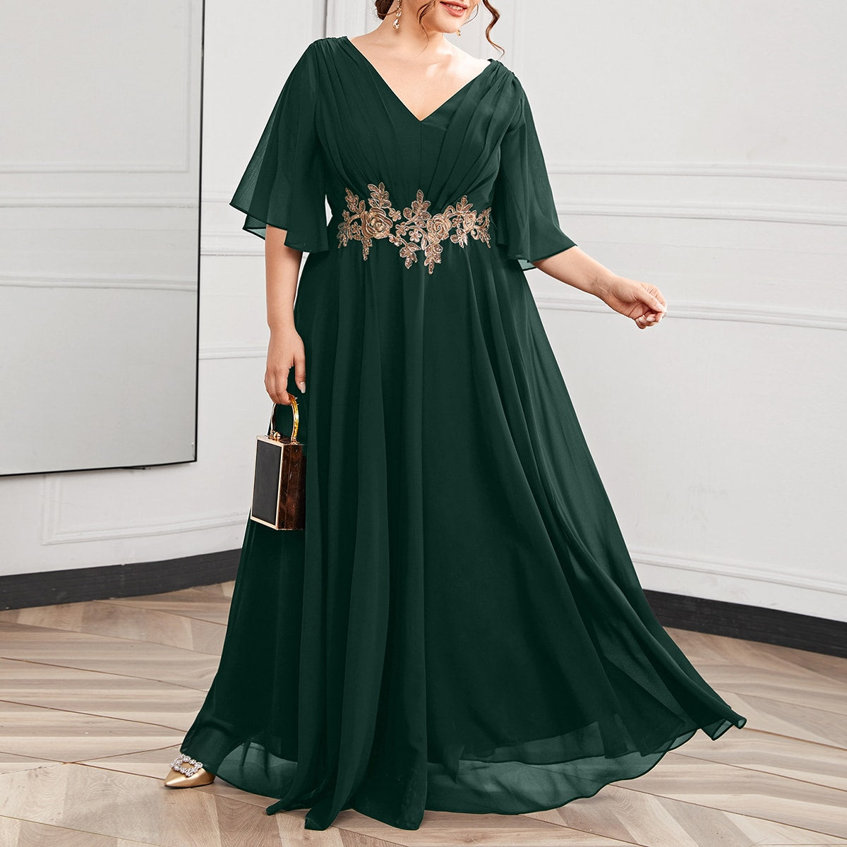 Plus Butterfly Sleeve Appliques Maxi Prom Dress