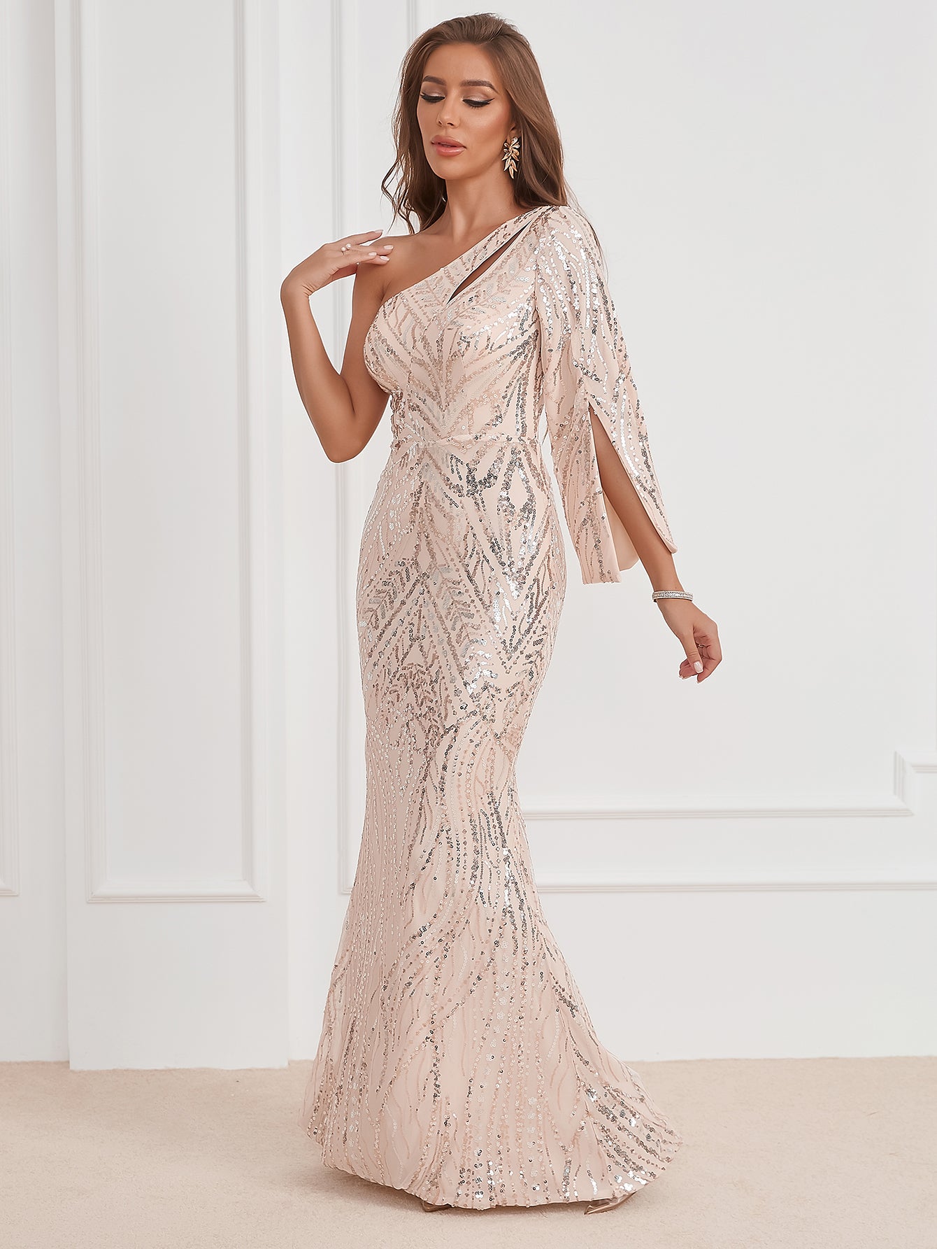 One-shoulder long sleeve evening dress with cutaway collar