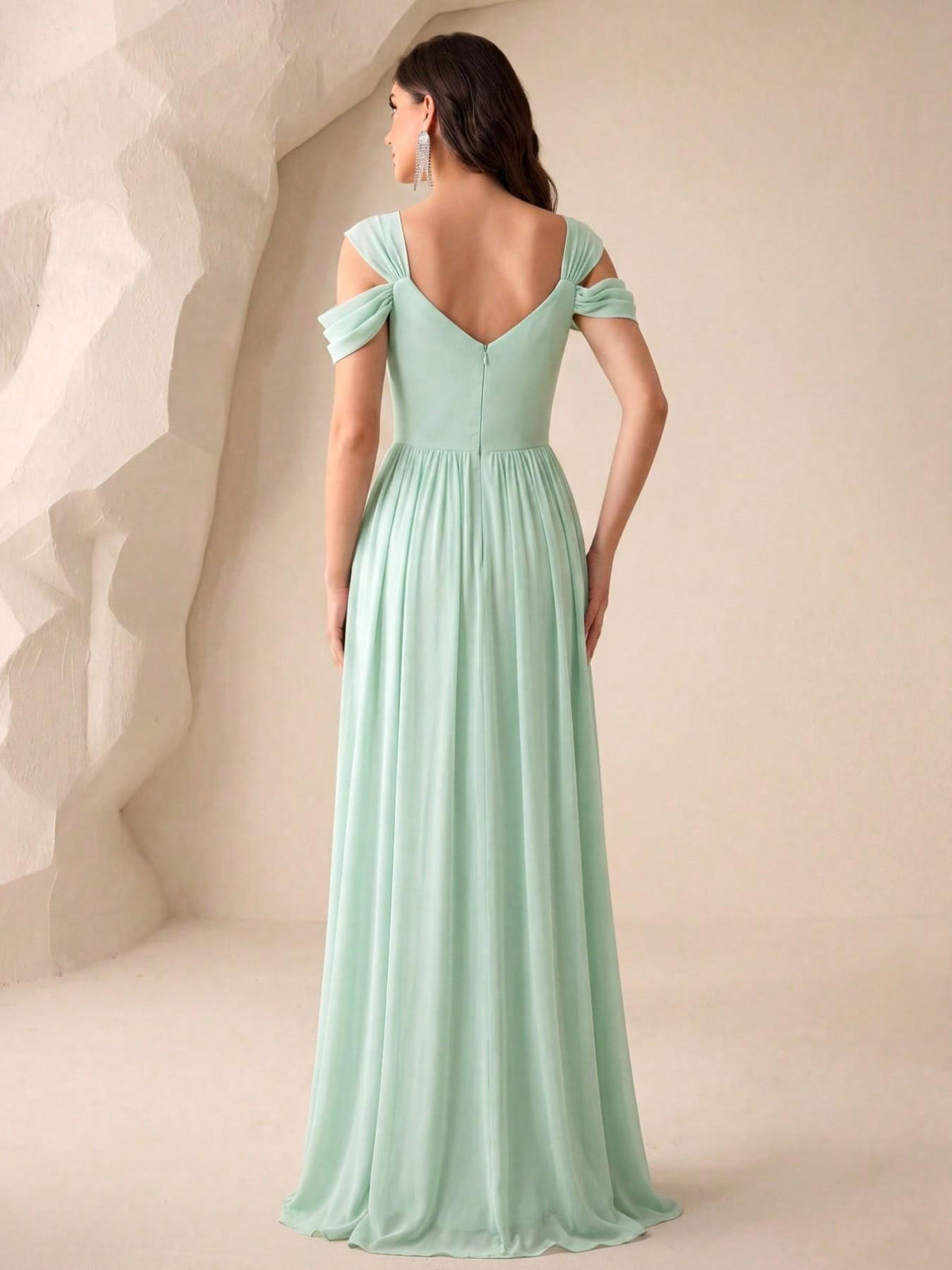UNITHORSE Women's V‑Neck Open Back Waist‑cinched Draped Elegant Maxi Solid Chiffon High‑Slit Bridesmaid Dress