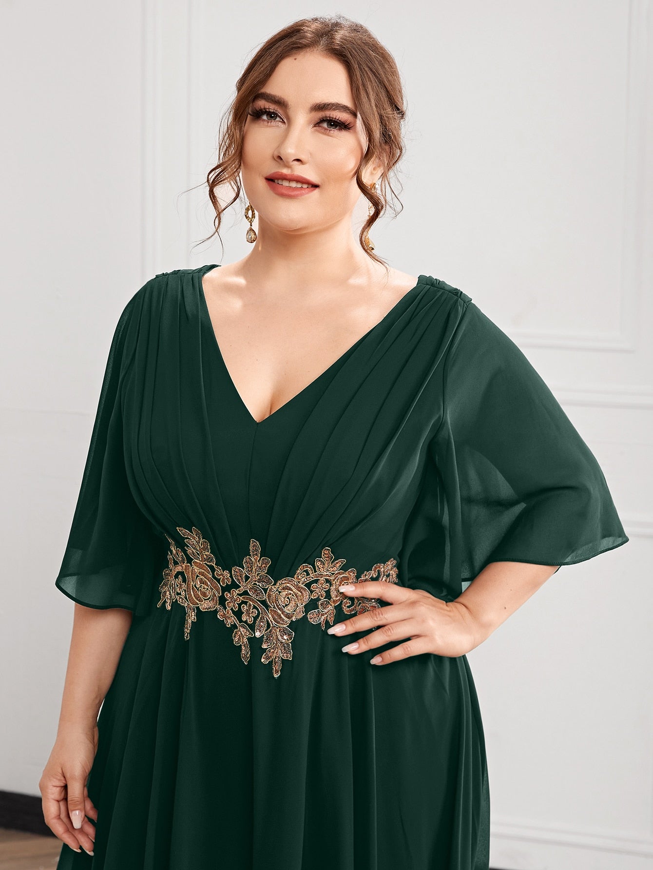 Plus Butterfly Sleeve Appliques Maxi Prom Dress