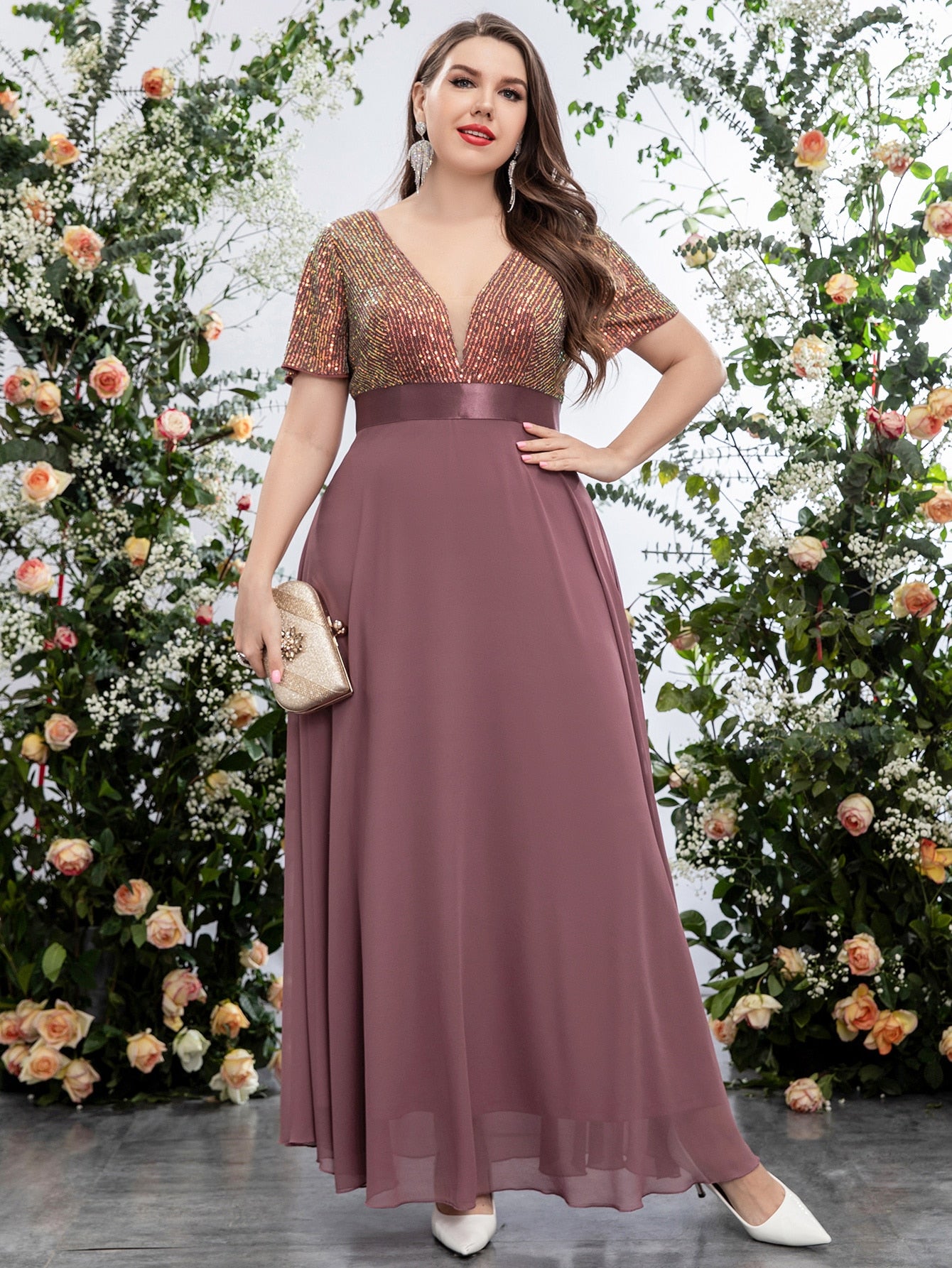Plus Sequin Insert Plunging Neck Chiffon Prom Dress