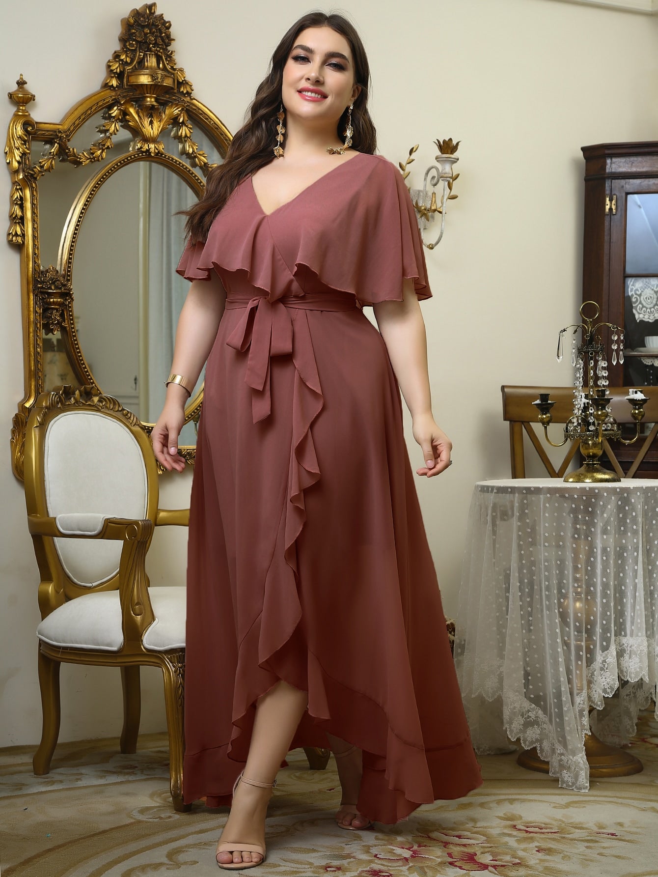 Belle Plus Self Tie Ruffle Wrap Chiffon Dress