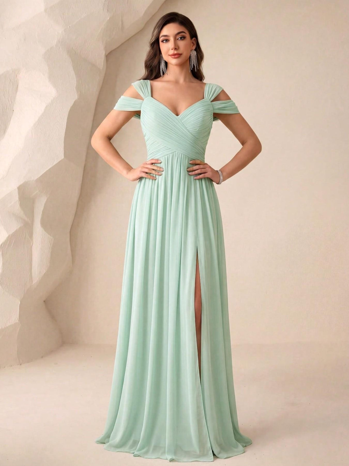 UNITHORSE Women's V‑Neck Open Back Waist‑cinched Draped Elegant Maxi Solid Chiffon High‑Slit Bridesmaid Dress