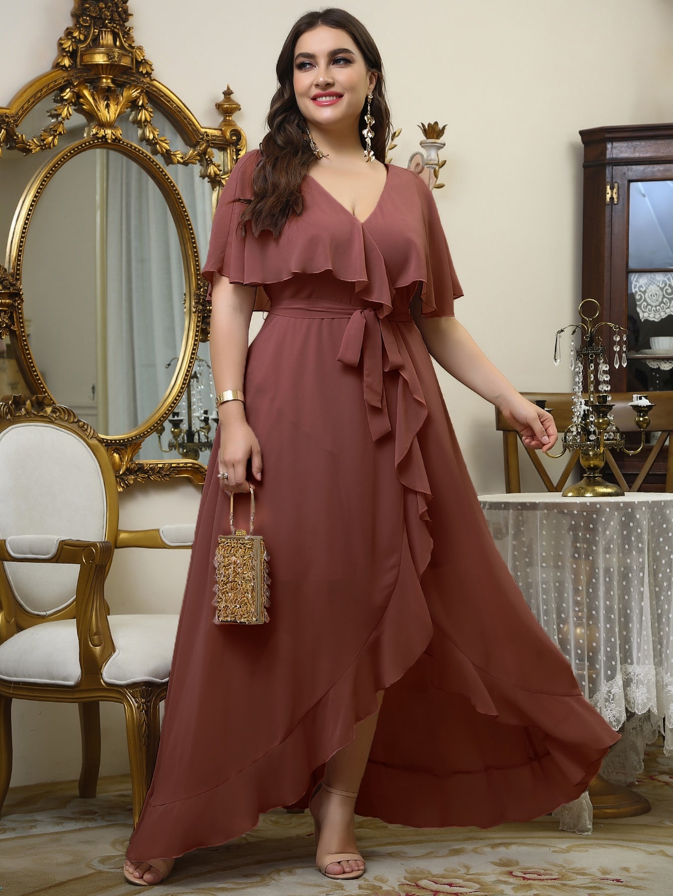 Belle Plus Self Tie Ruffle Wrap Chiffon Dress