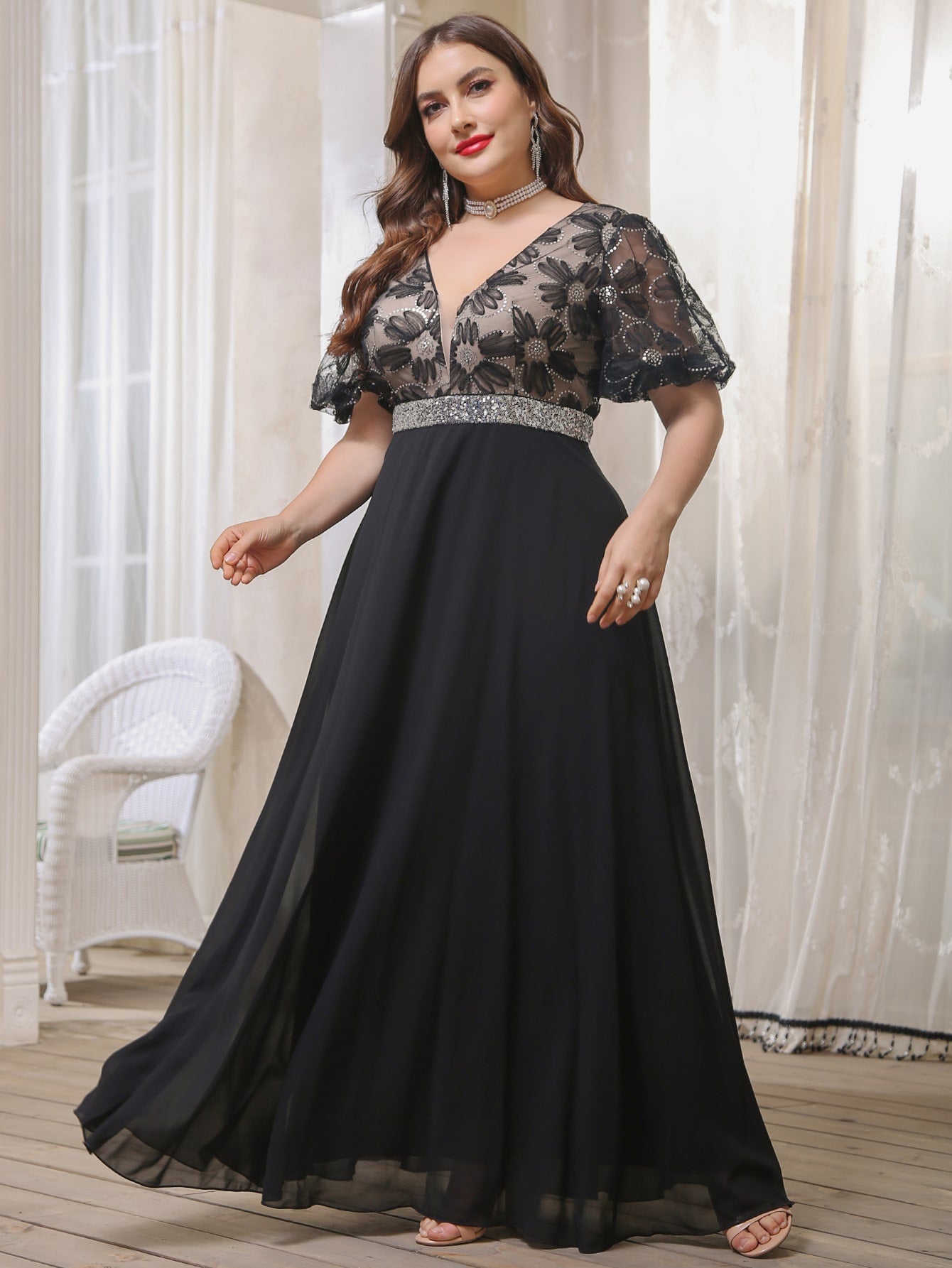 Plus Chiffon Sequin Detail Mesh Panel Prom Dress