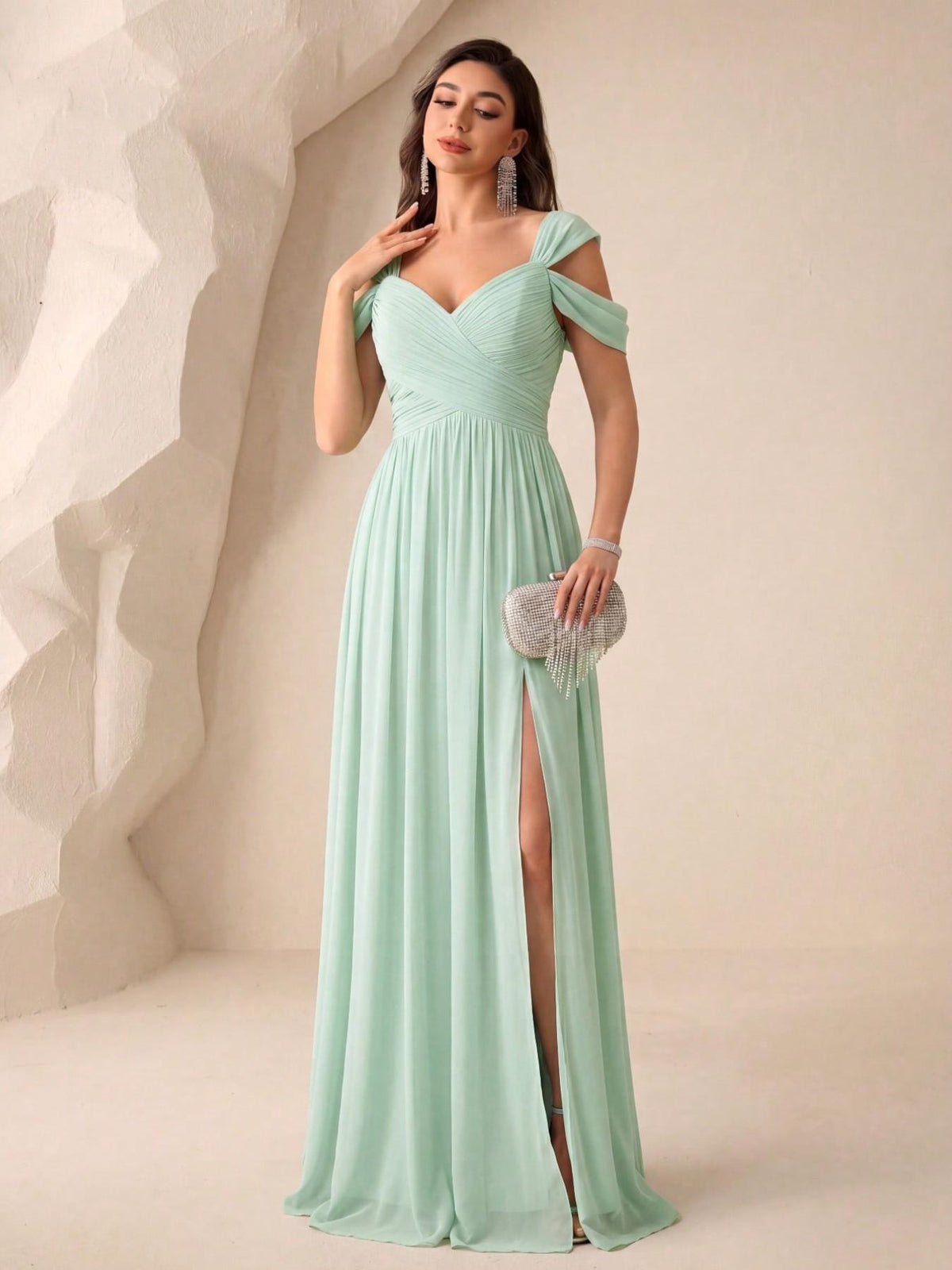 UNITHORSE Women's V‑Neck Open Back Waist‑cinched Draped Elegant Maxi Solid Chiffon High‑Slit Bridesmaid Dress