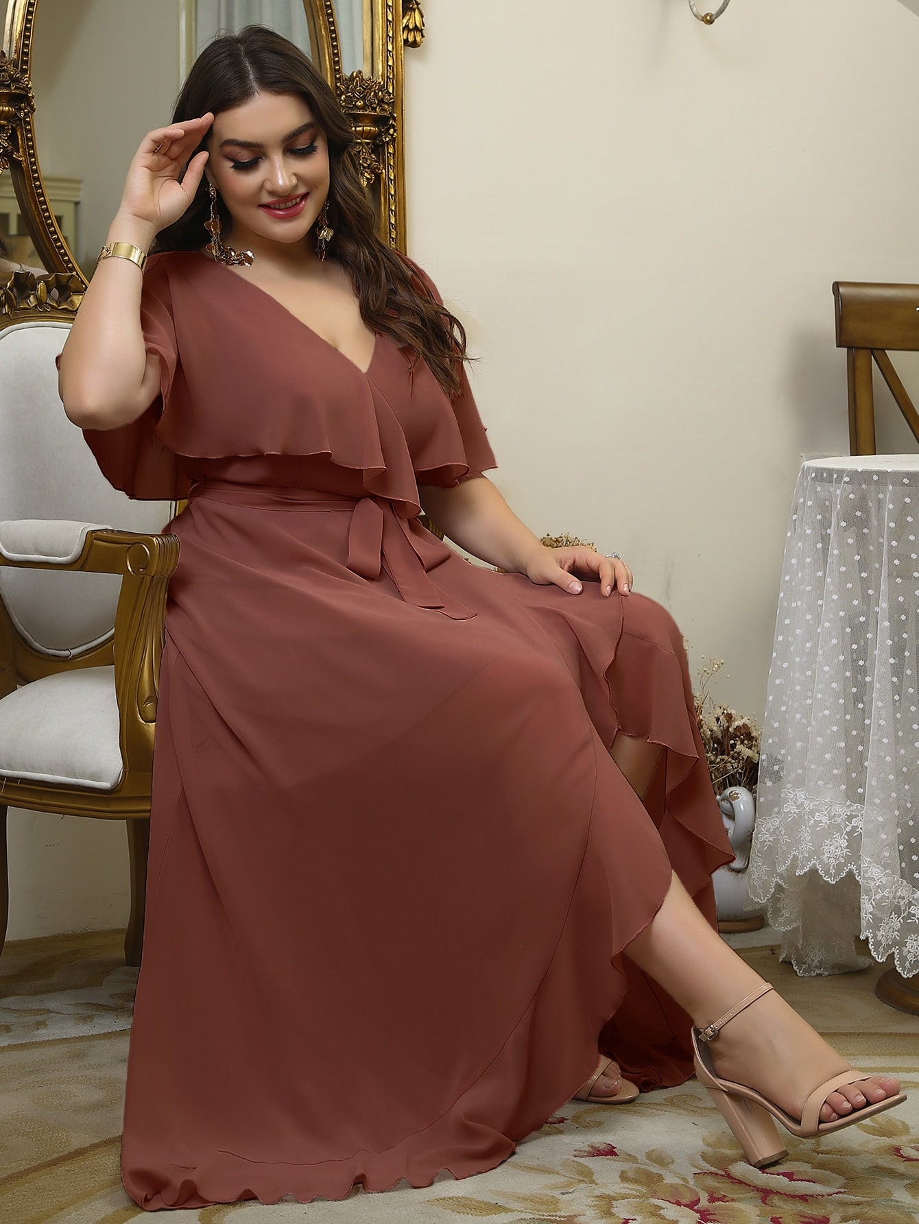 Belle Plus Self Tie Ruffle Wrap Chiffon Dress