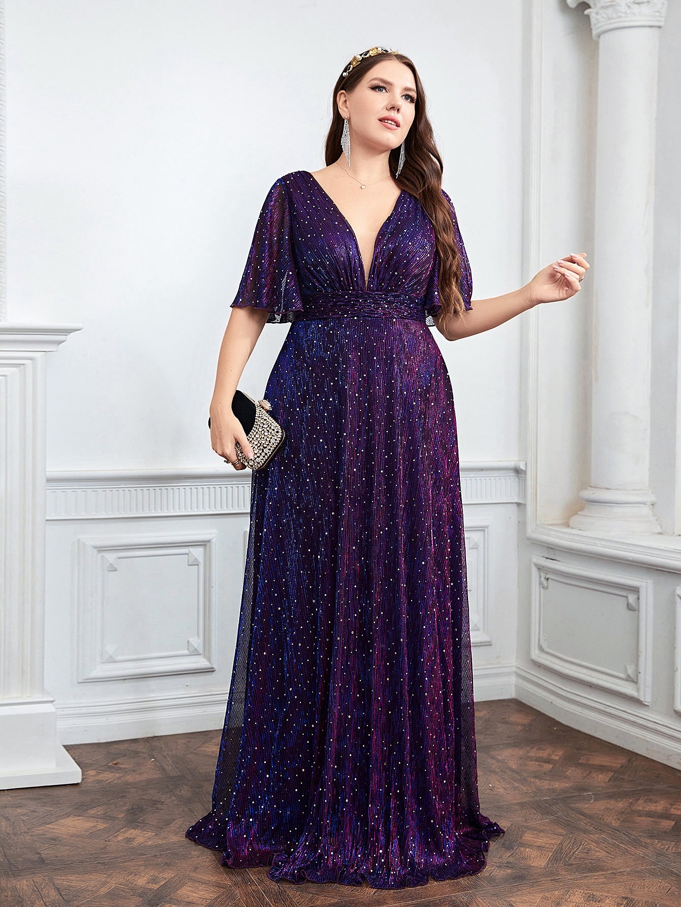 Plus Plunging Neck Butterfly Sleeve Plisse Glitter Bridesmaid Dress