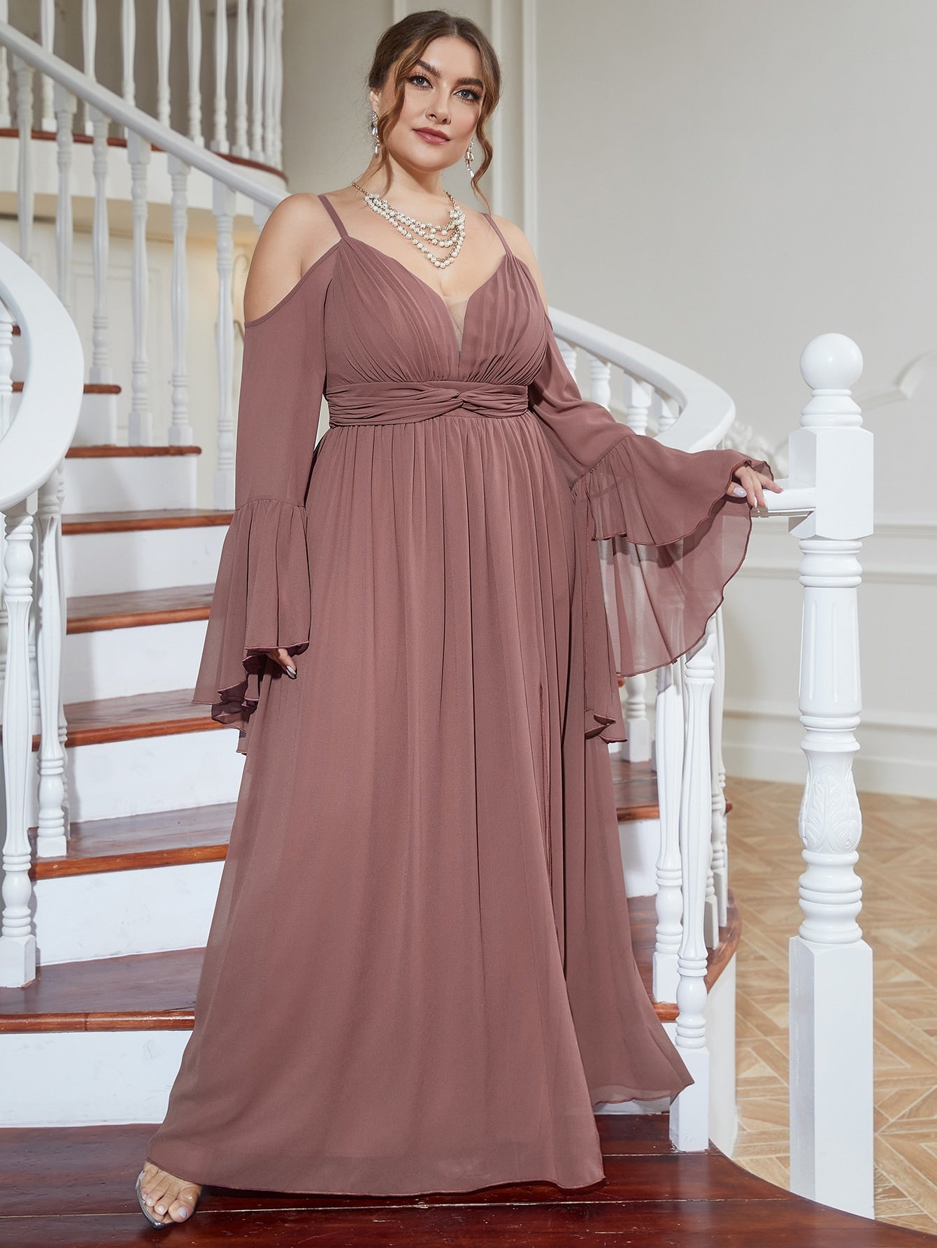Plus Cold Shoulder Flounce Sleeve Ruched Split Thigh Bridesmaid Dress
