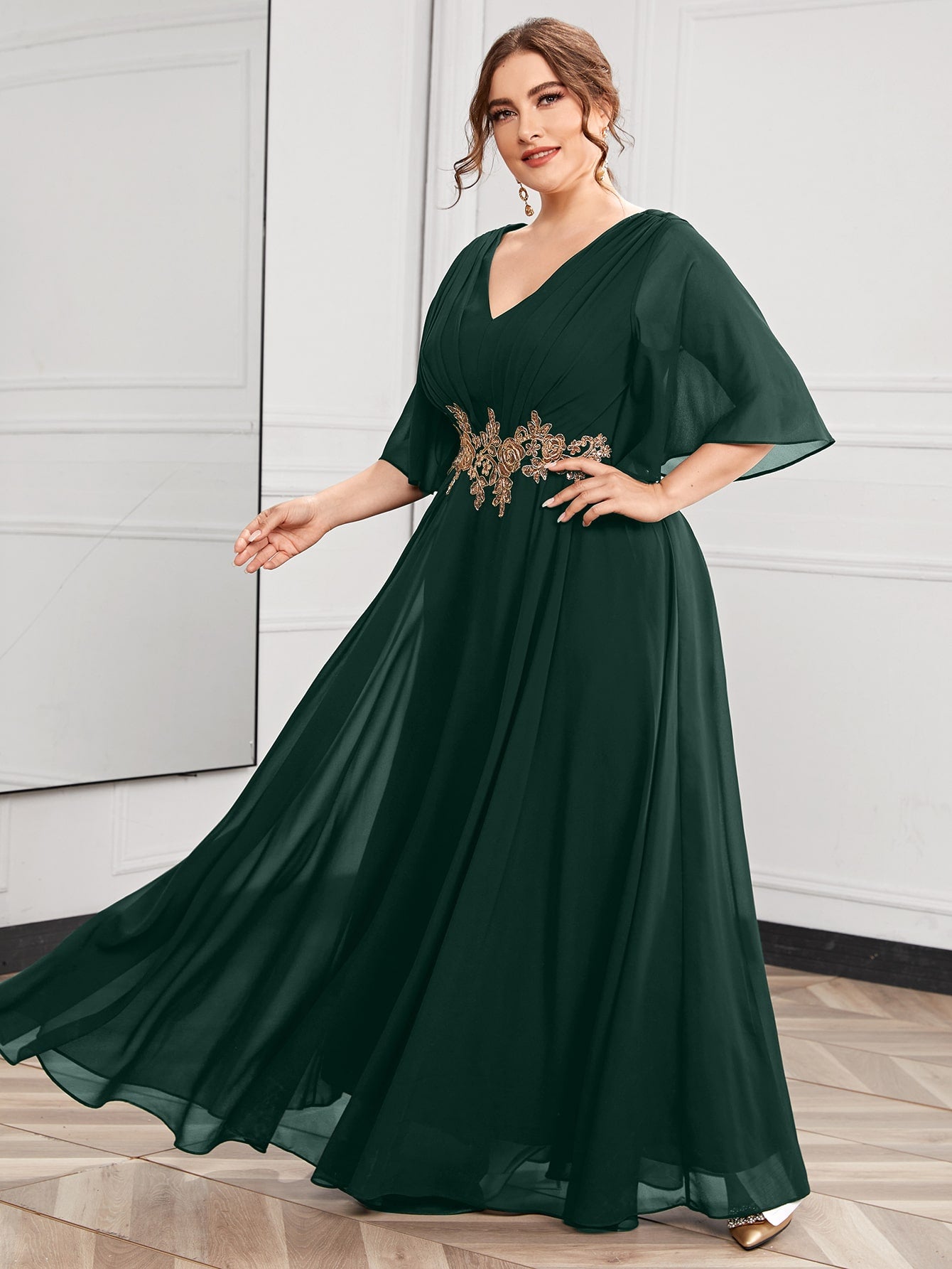 Plus Butterfly Sleeve Appliques Maxi Prom Dress