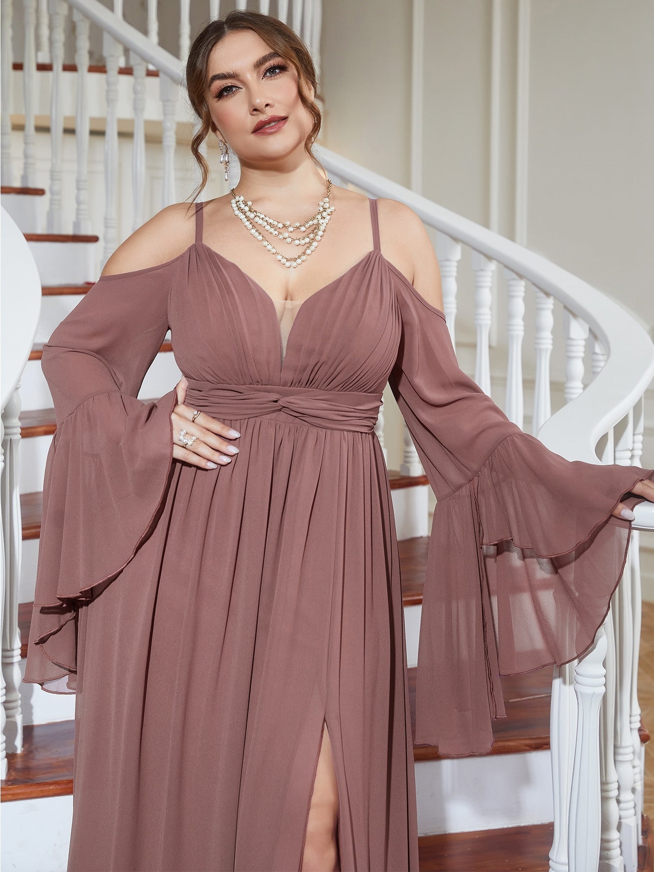 Plus Cold Shoulder Flounce Sleeve Ruched Split Thigh Bridesmaid Dress