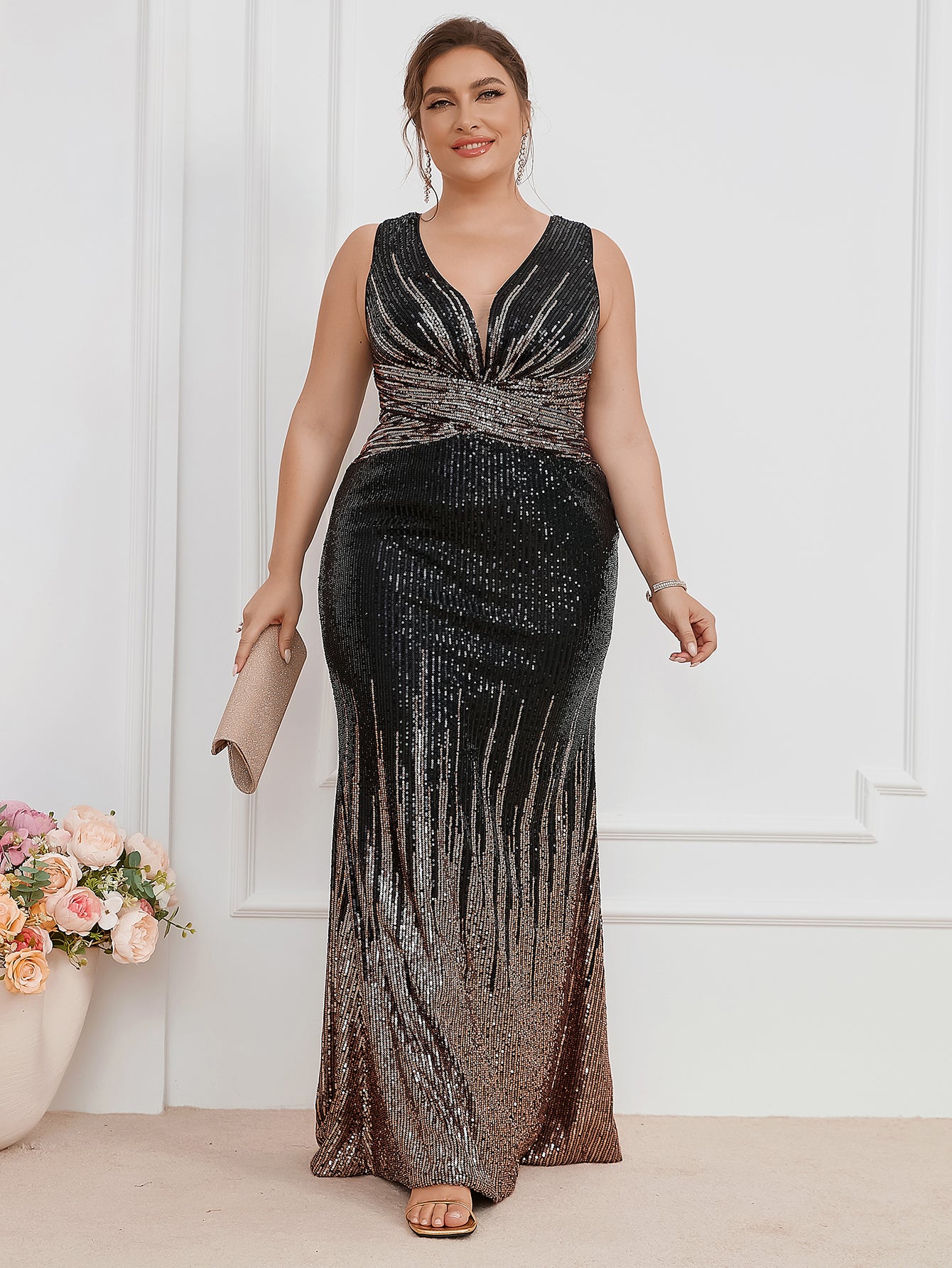 V-neck sleeveless sequin color matching evening dress