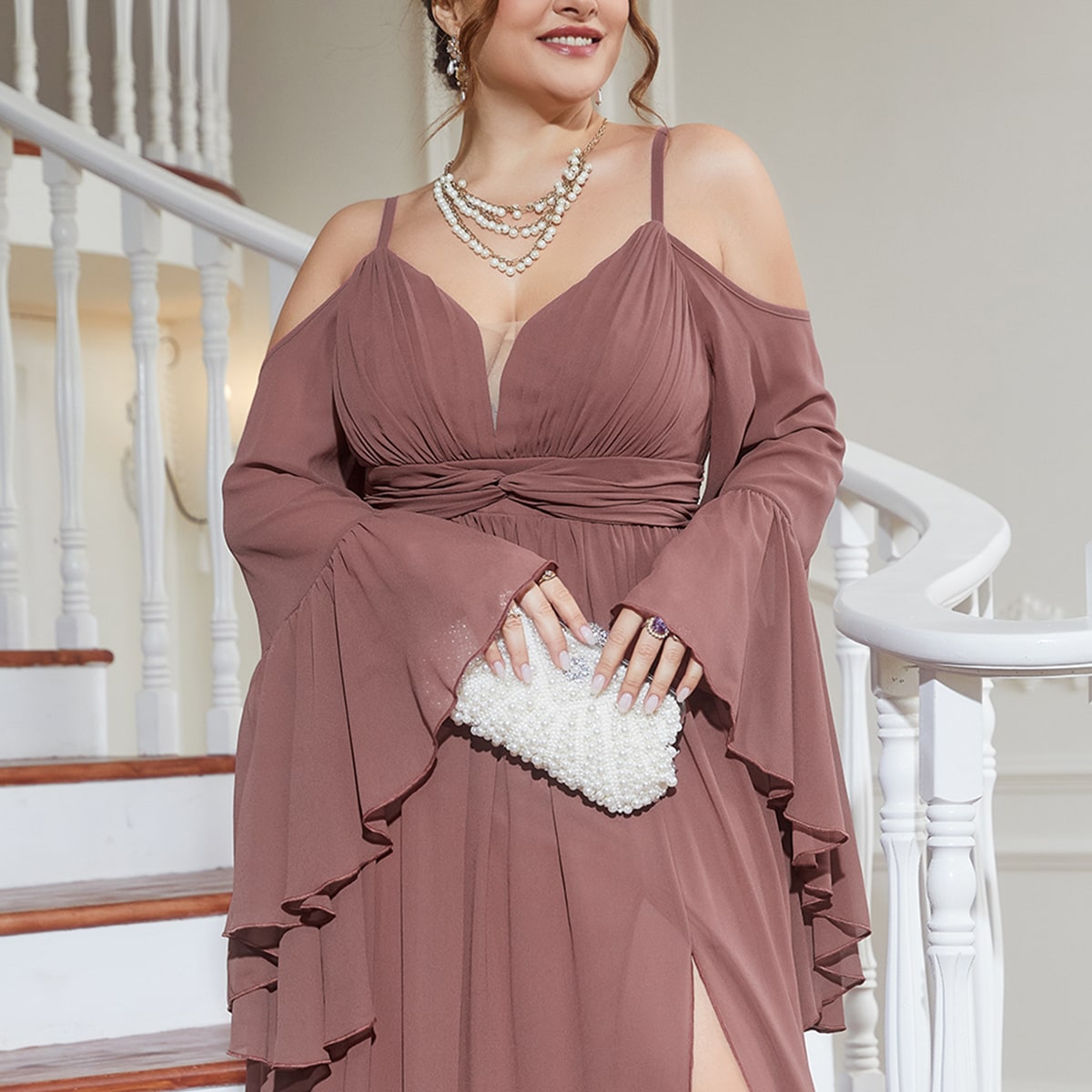 Plus Cold Shoulder Flounce Sleeve Ruched Split Thigh Bridesmaid Dress