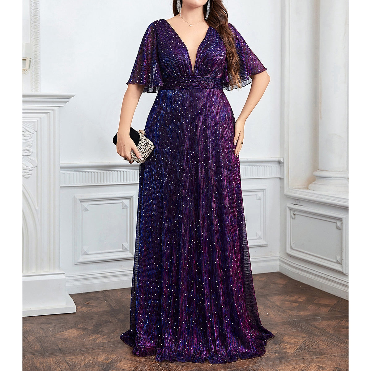 Plus Plunging Neck Butterfly Sleeve Plisse Glitter Bridesmaid Dress