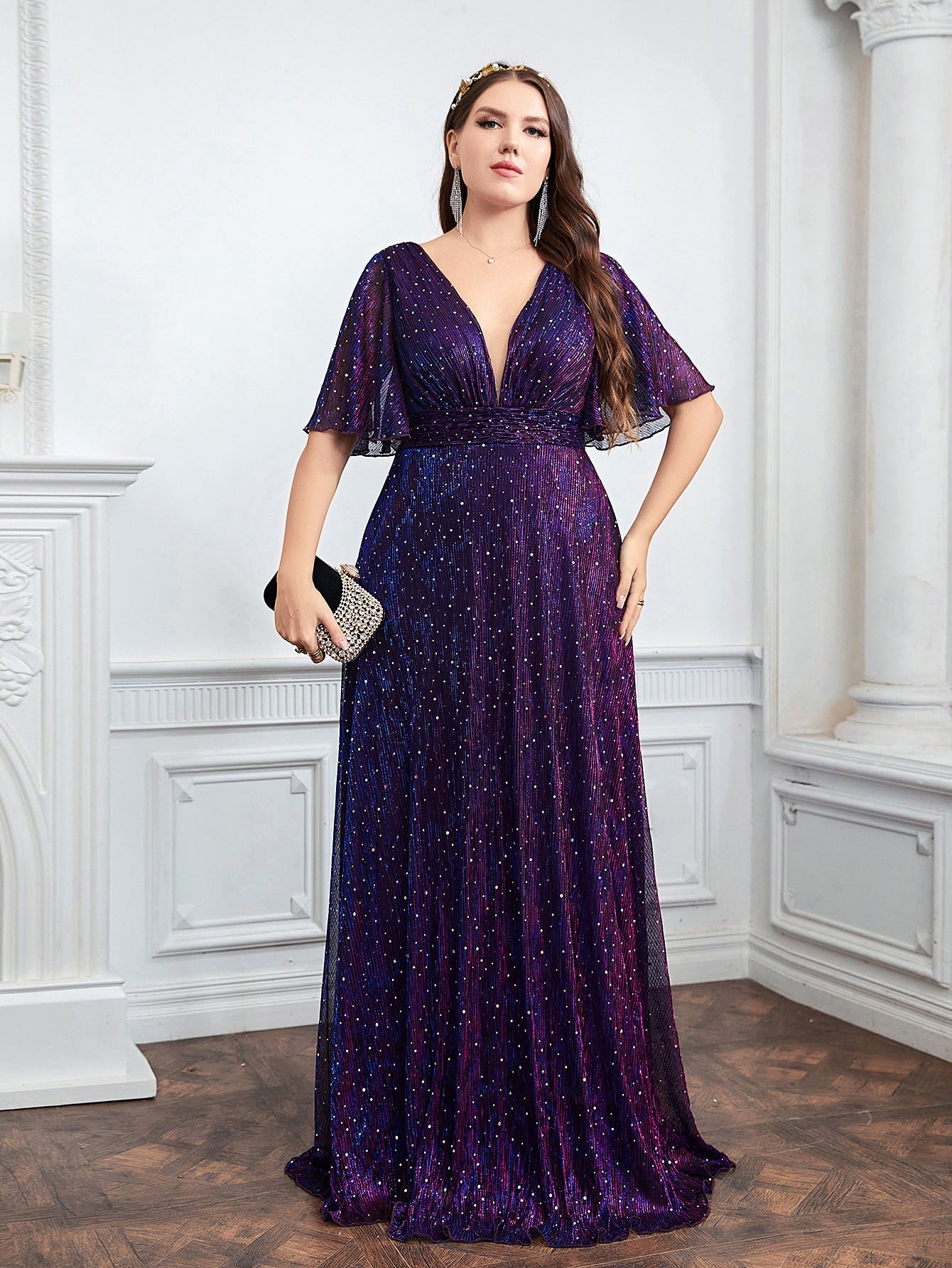 Plus Plunging Neck Butterfly Sleeve Plisse Glitter Bridesmaid Dress