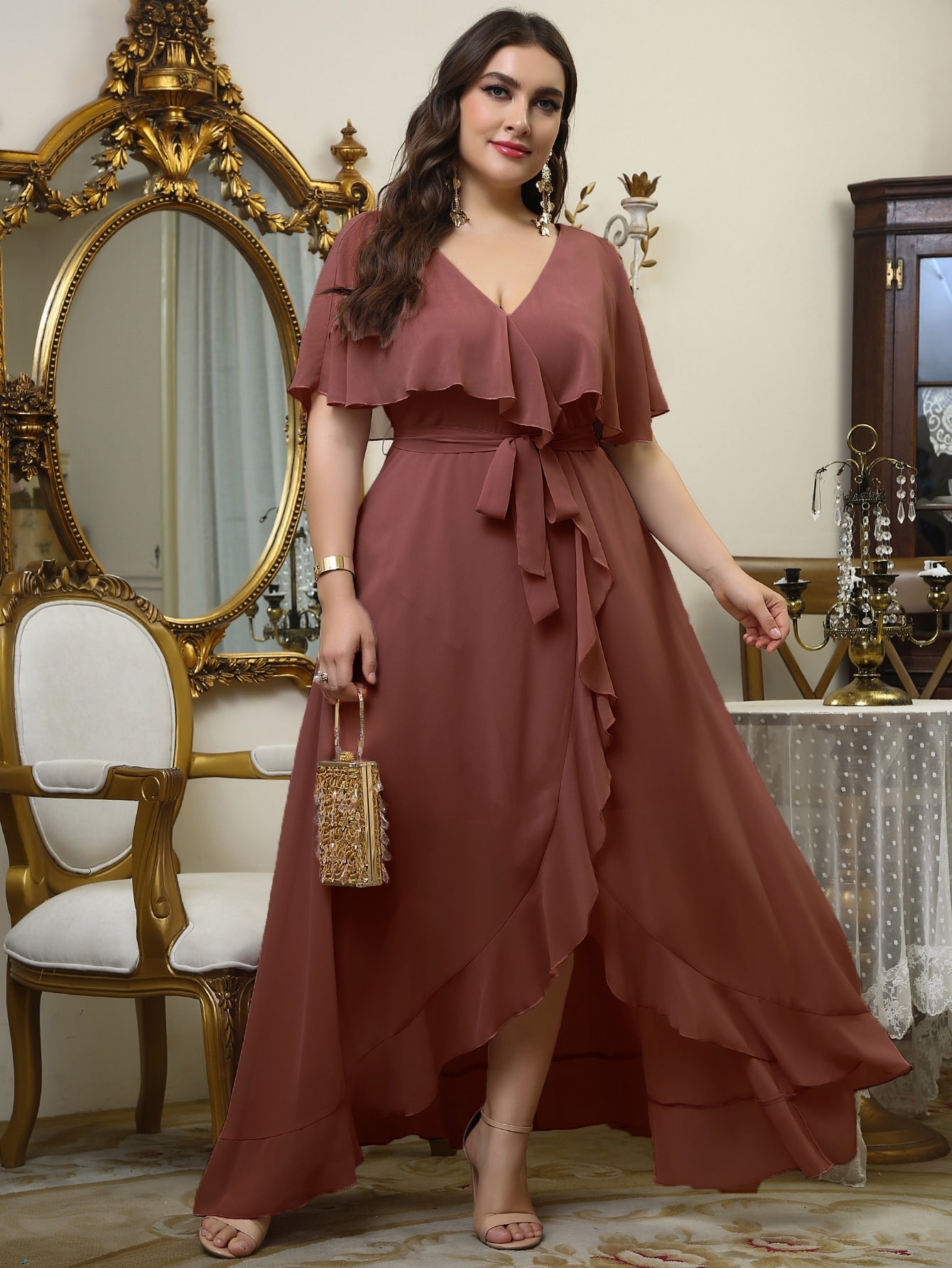 Belle Plus Self Tie Ruffle Wrap Chiffon Dress