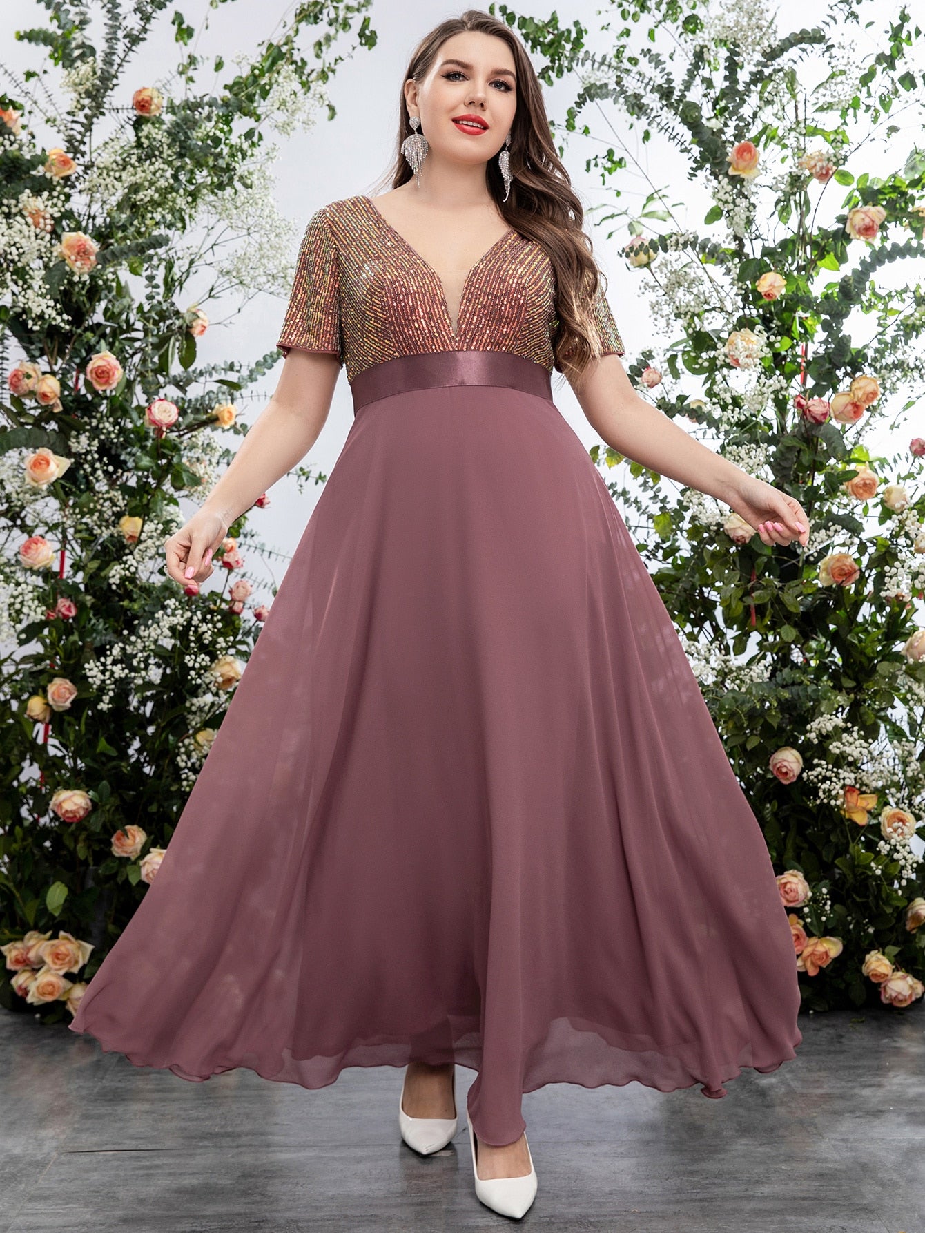 Plus Sequin Insert Plunging Neck Chiffon Prom Dress