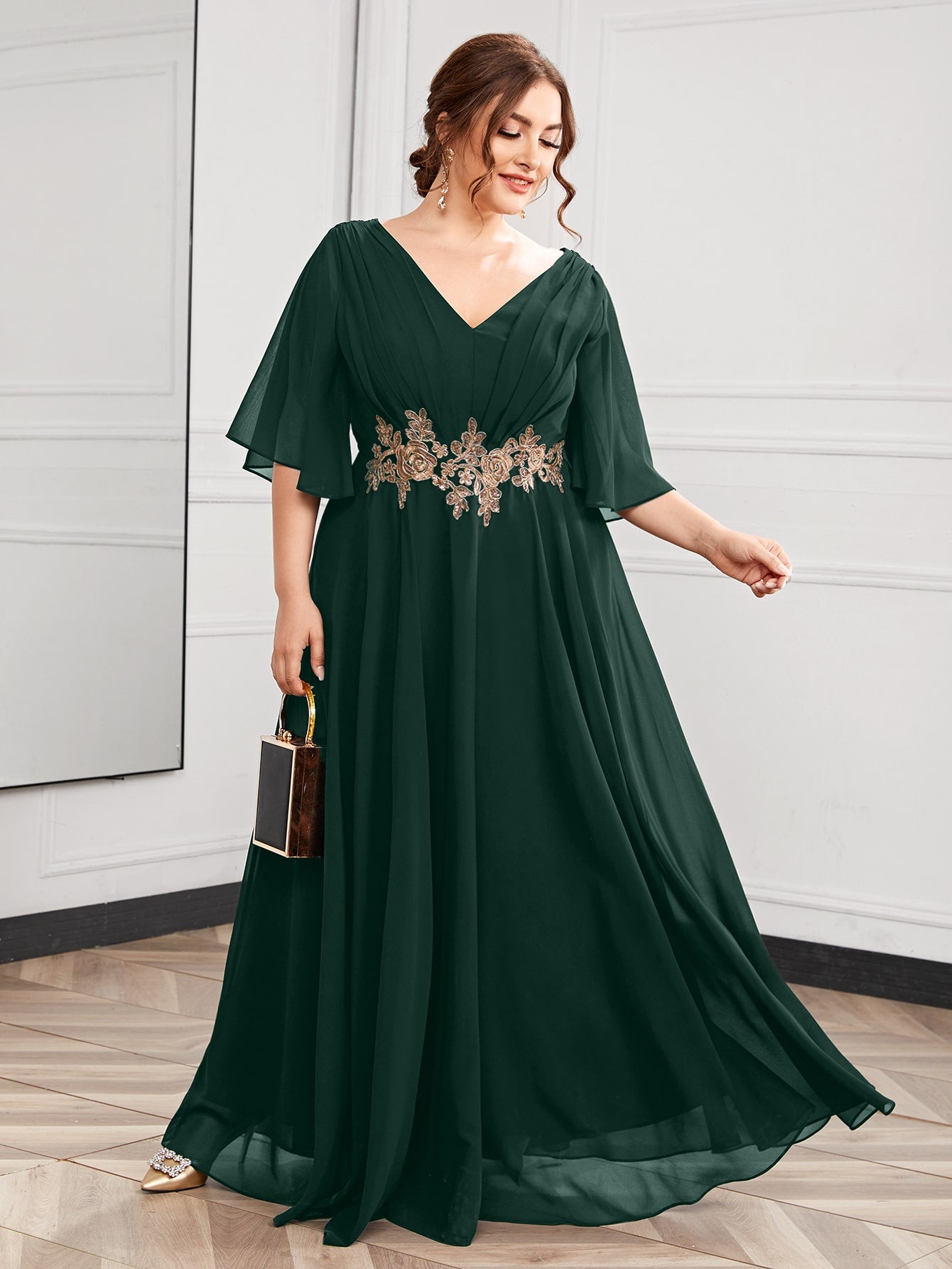 Plus Butterfly Sleeve Appliques Maxi Prom Dress