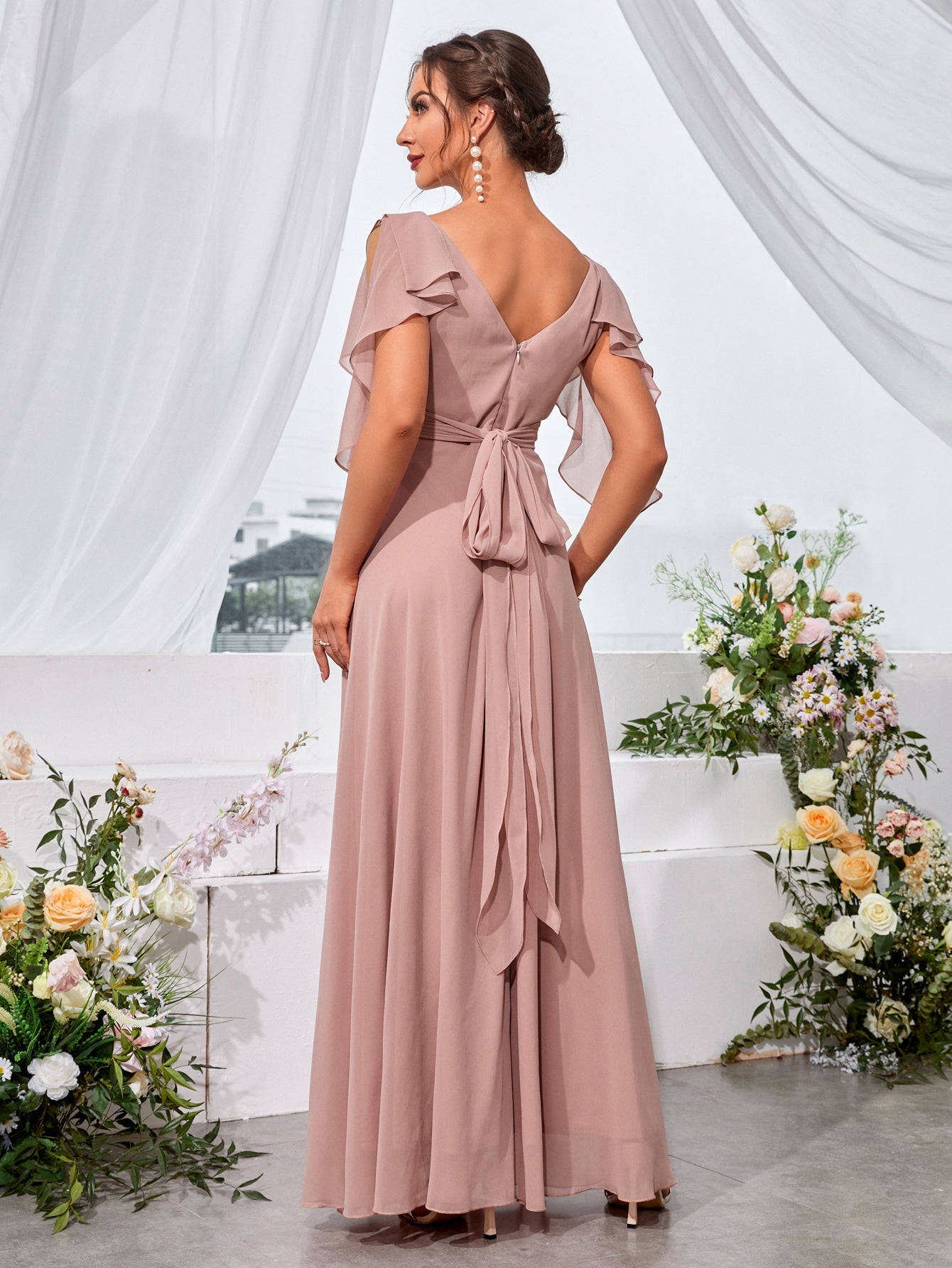 Ruffle Trim Cold Shoulder Tie Back Chiffon Maxi Bridesmaid Dress