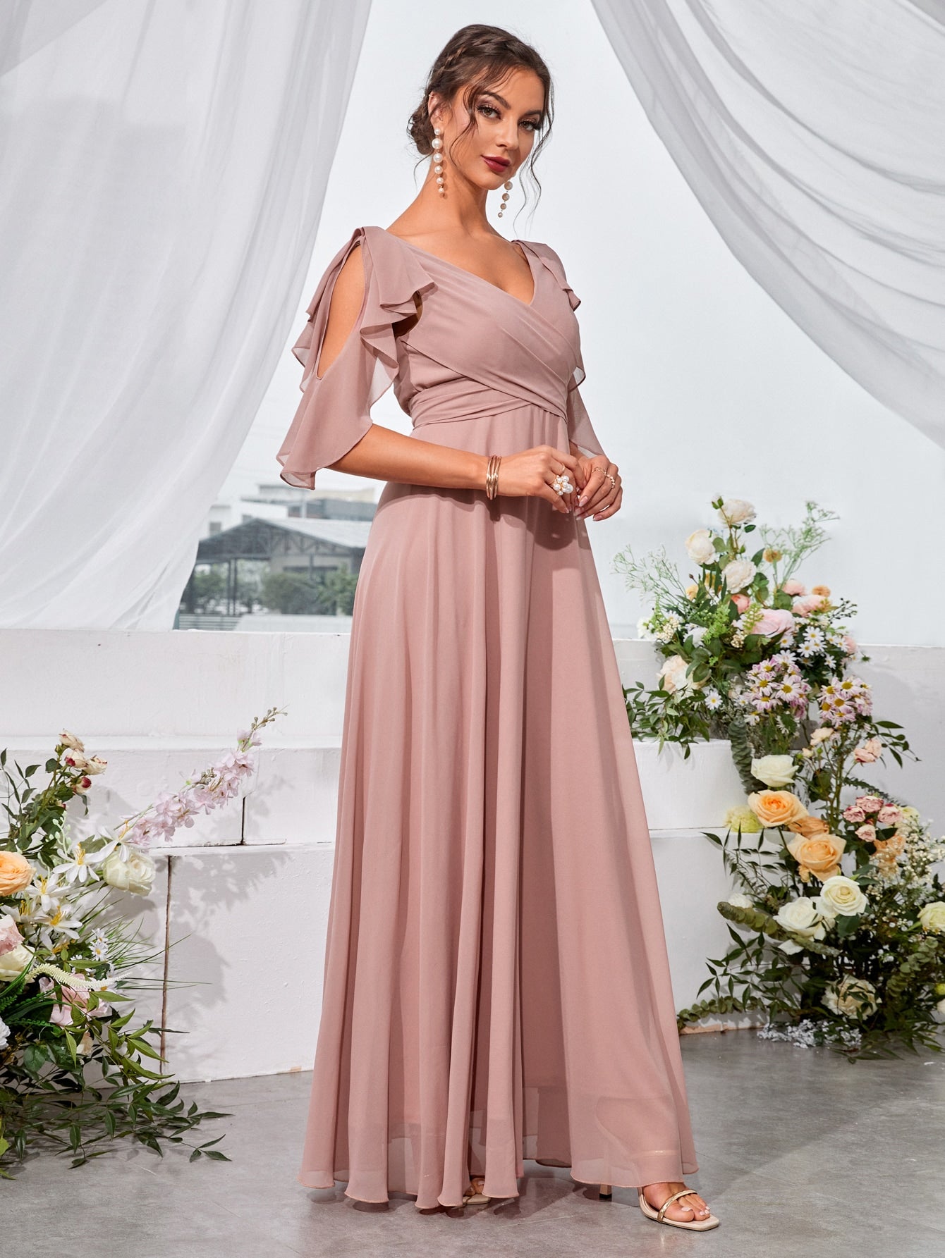 Ruffle Trim Cold Shoulder Tie Back Chiffon Maxi Bridesmaid Dress