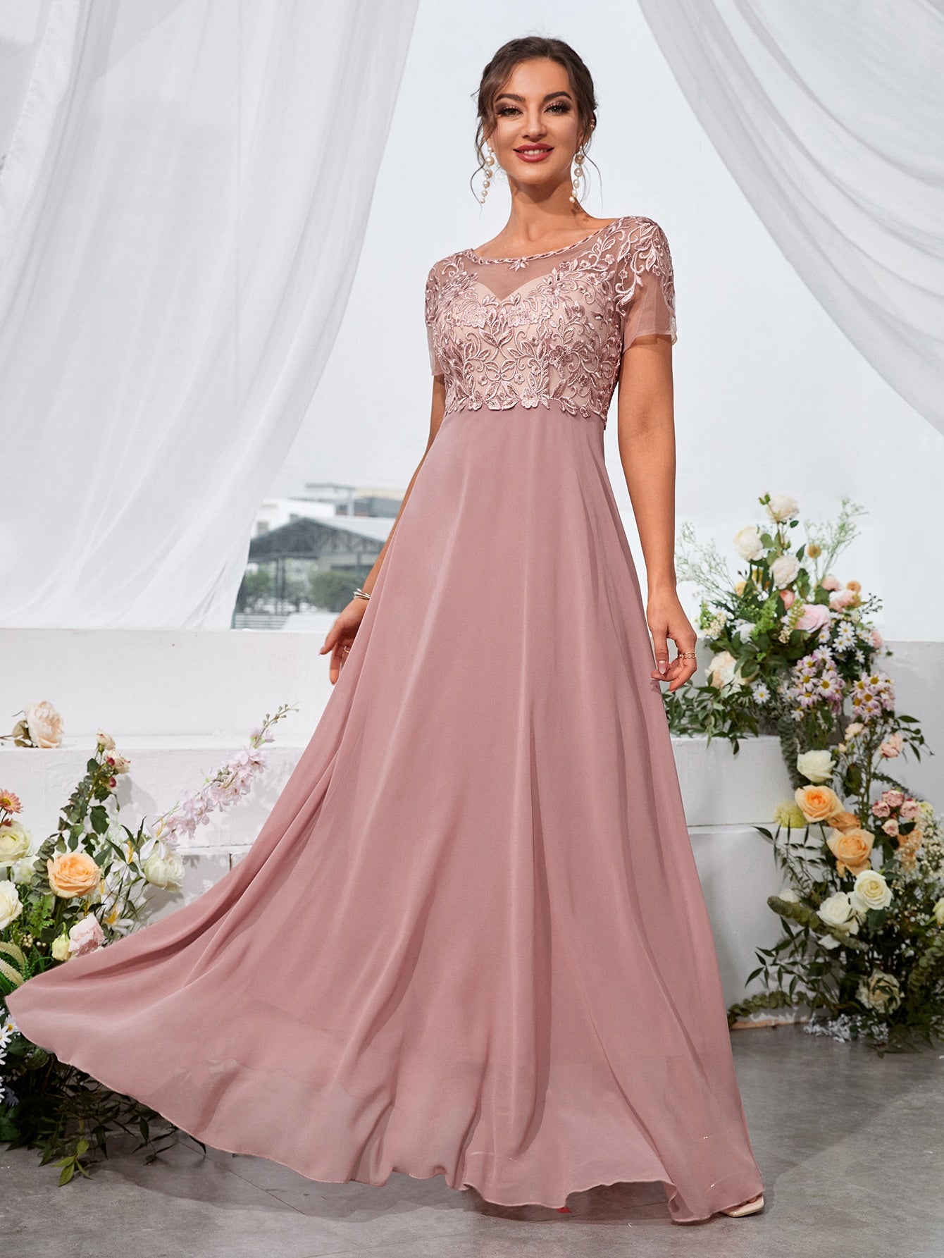 Floral Embroidery Chiffon Bridesmaid Dress