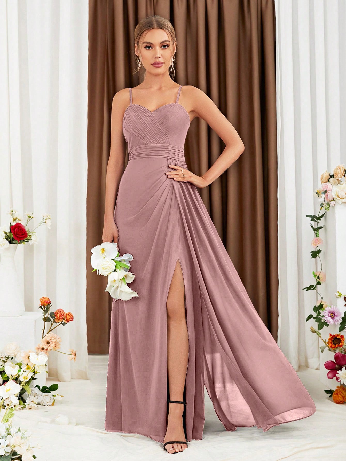 Ruched Split Thigh Chiffon Bridesmaid Dress