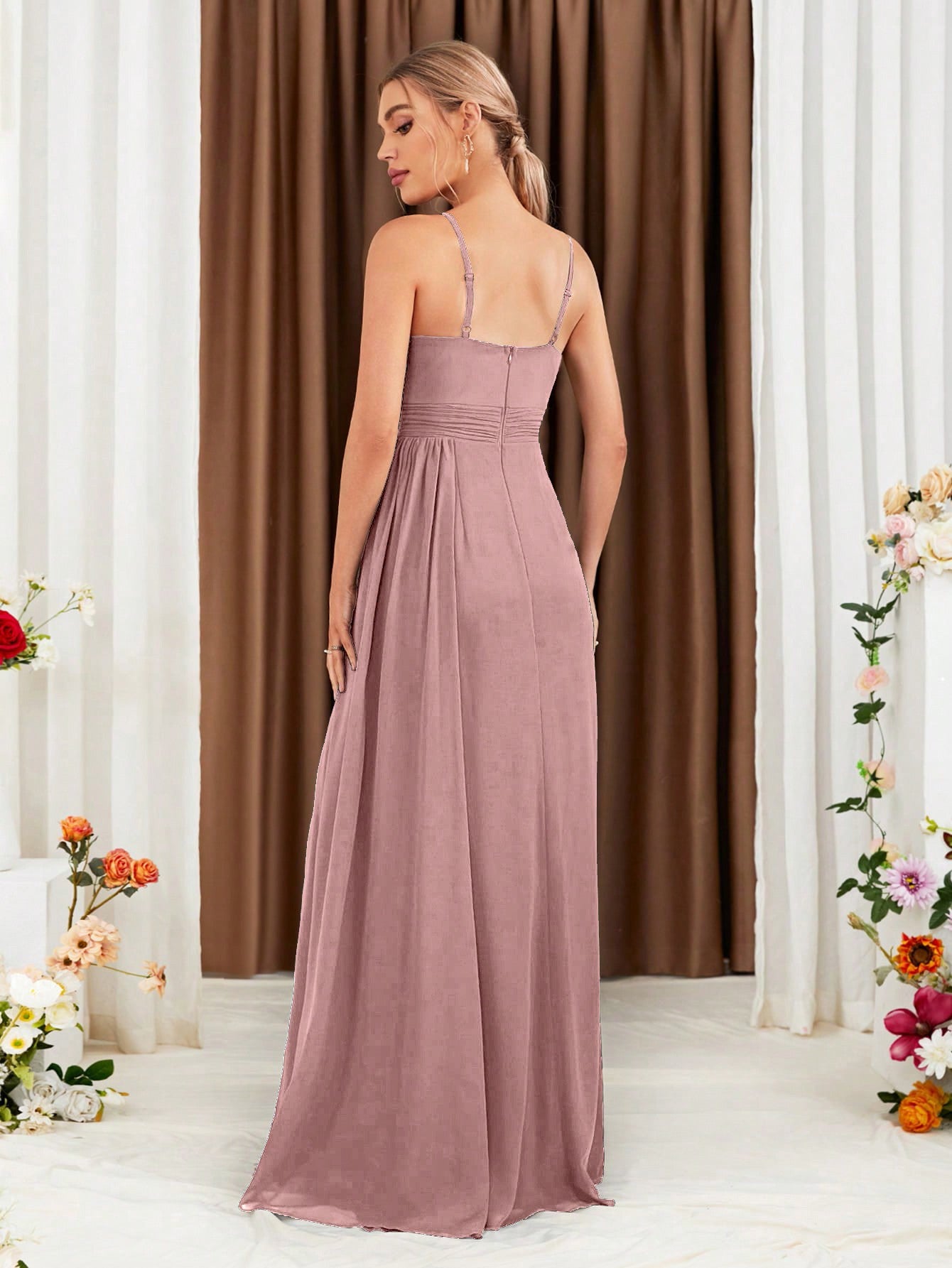 Ruched Split Thigh Chiffon Bridesmaid Dress
