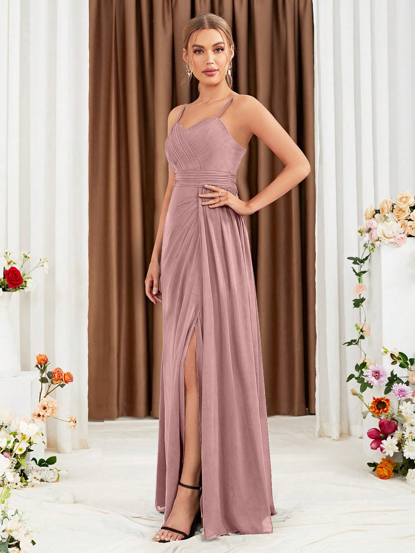 Ruched Split Thigh Chiffon Bridesmaid Dress