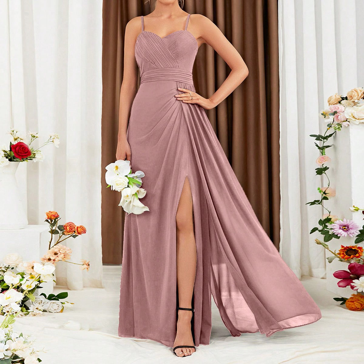 Ruched Split Thigh Chiffon Bridesmaid Dress